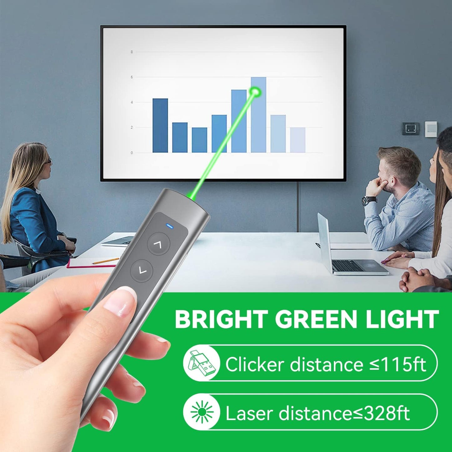 Metallic Presentation Clicker Presenter Remote - Rechargeable Wireless Presenter with Green Laser Pointer, 2 in 1 USB Clicker for PowerPoint & Google Slides, Compatible with MacBook/PC