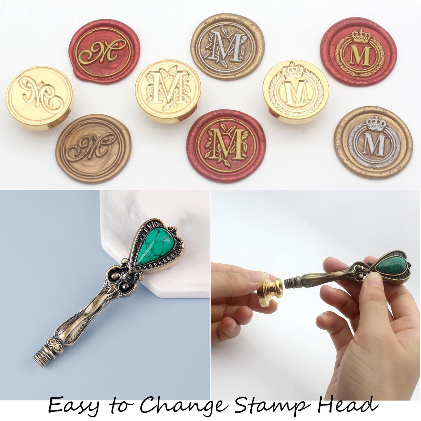 Letter Wax Seal Stamp Kit, Andotopee Wax Seal Kit Initial Alphabet M Sealing Wax Stamp Head 3pcs, Vintage Wax Stamp Seal Kit with Wax Seal Beads, Wax Seal Warmer Tools, Wax Seal Pen, Gift Box Set