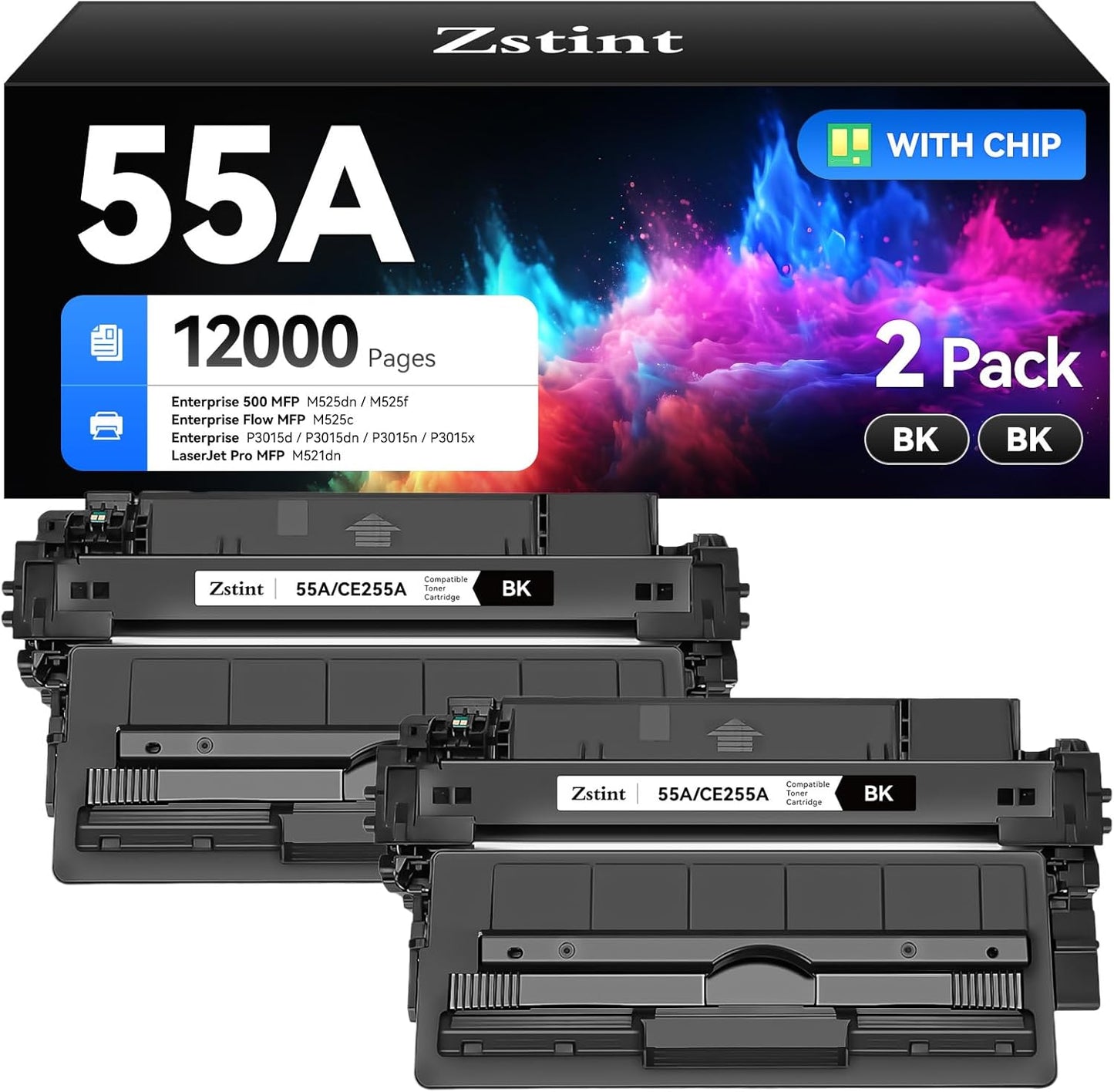 55A Black Toner Cartridge 2-Pack Replacement for HP 55A CE255A 55X CE255X Compatible HP Laserjet Enterprise 500 MFP M525dn M525f Flow M525c P3015d P3015dn P3015n P3015x M521dn M525 P3015 M521 Printer