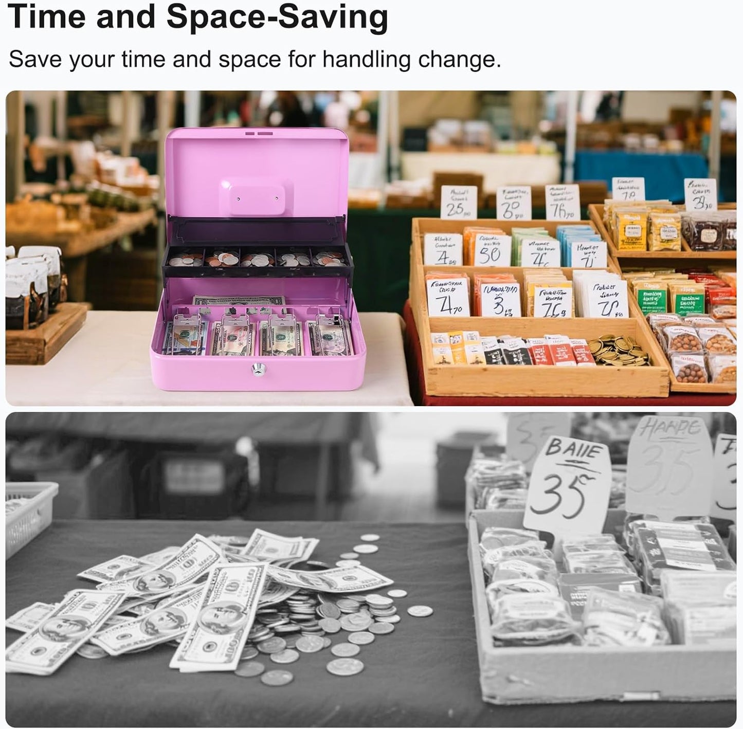 Jssmst Locking Metal Cash Box with Coin Lid, 11.8L x 9.5W x 3.5H Inches, Safe Money Box with Key Lock, Light Purple, SM-CB0517LP