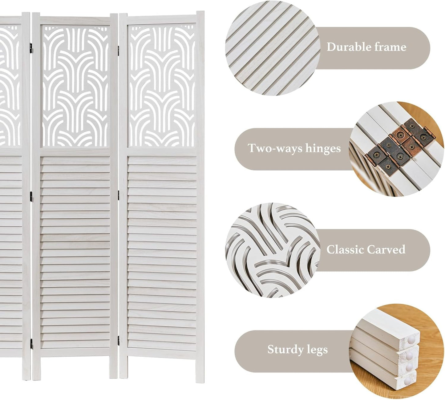 Folding Room Divider, 66.9 Inch 4 Panels Wood Carved Privacy Screens, Free Assembled Freestanding Portable Separation Wall for Home Office Restaurant Bedroom (White)