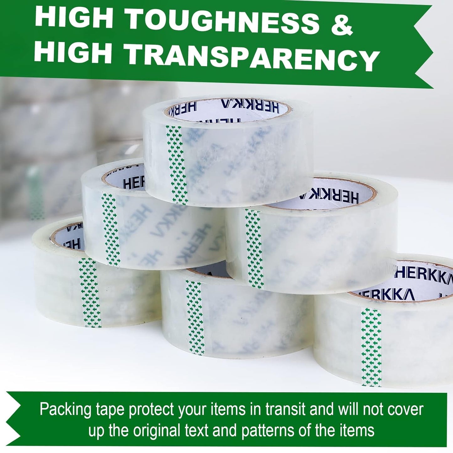 HERKKA Clear Packing Tape, 24 Rolls Heavy Duty Packaging Tape for Shipping Packaging Moving Sealing, Thicker Clear Packing Tape, 2 inches Wide, 65 Yards Per Roll, 1560 Total Yards