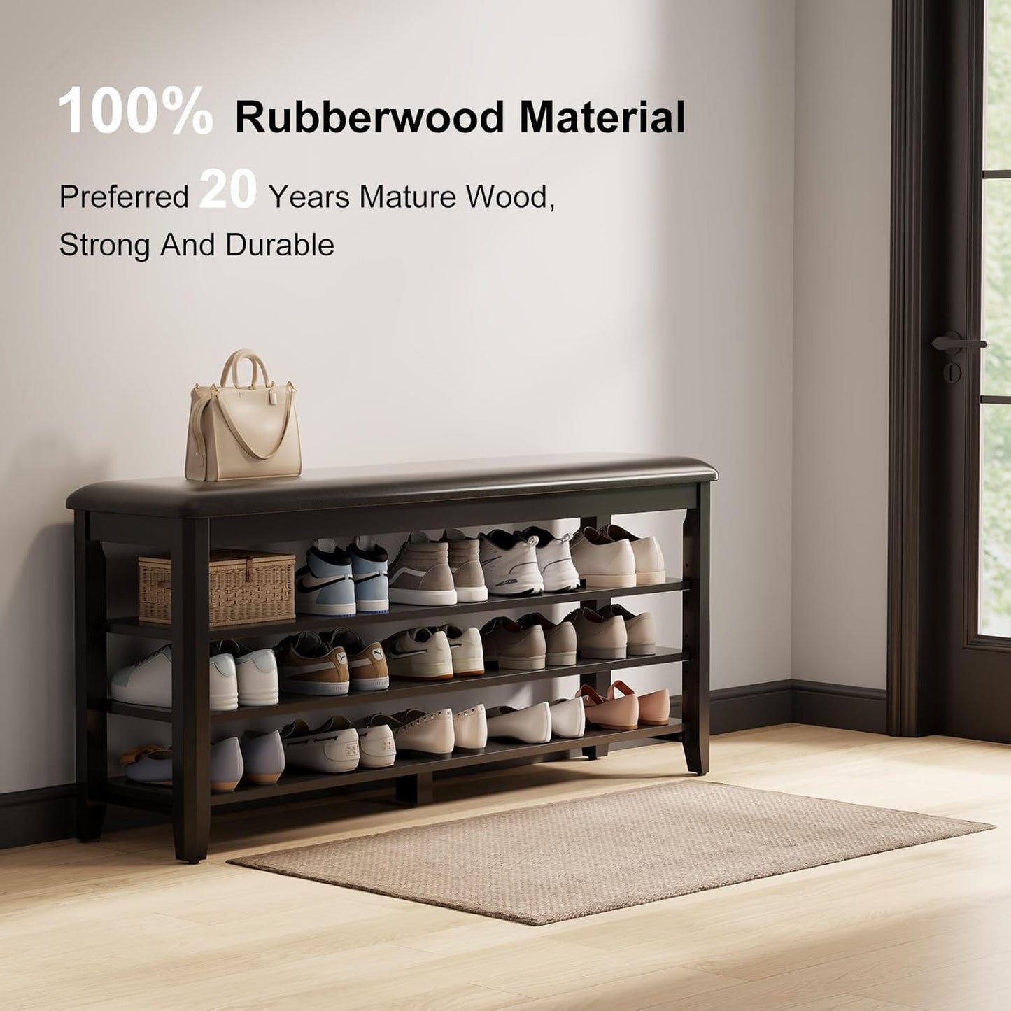 Shoe Bench with Leather Cushion, 3 Tiers Shoe Storage Bench Height Adjustable, Walnut Wood Entryway Bench for Hallway, Mudroom