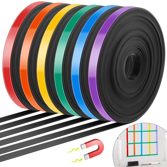 6 Rolls Magnetic Tape Roll Thin Strips, 33 ft Magnetic Whiteboard Graphic Decorative Tape Marking Line Magnet Board Dividers for Classroom Office Art Accessories (Mix Color,0.39 Inch)