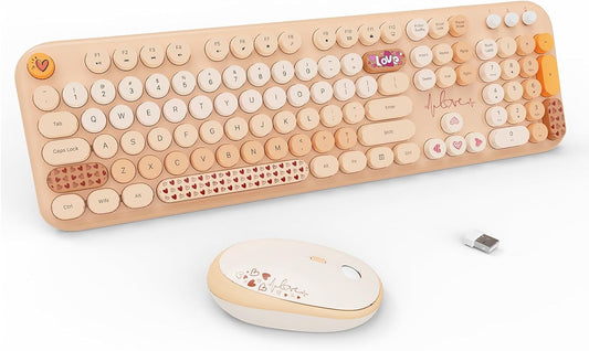 FOPETT Wireless Keyboard and Mouse Combo - 2.4G Full-Sized Cute Colorful Retro Keyboard with Round Keycaps 104 Keys Typewriter Keyboard for Laptop/Windows/PC - Milk Tea Colorful