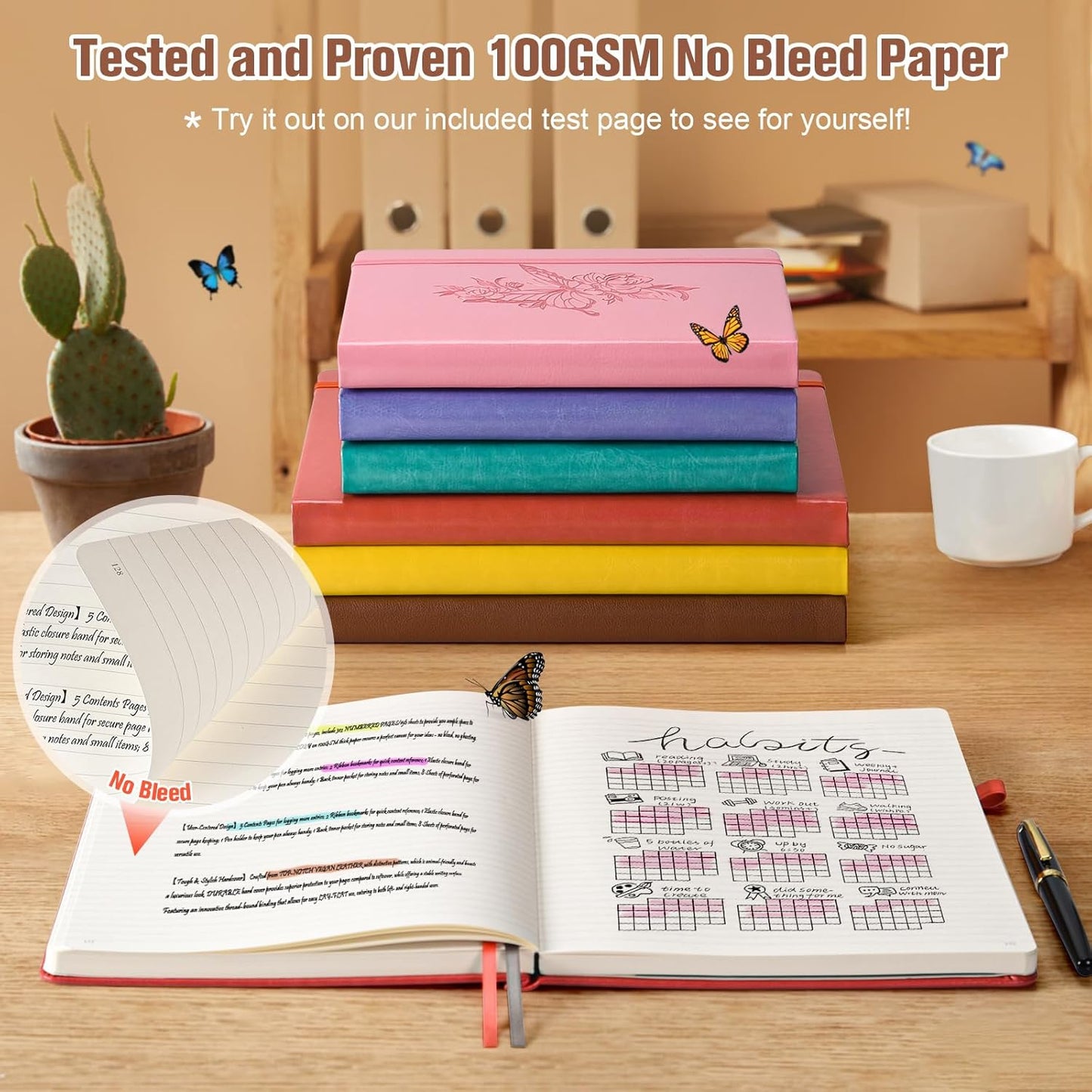 Lined Notebook Journal for Women, 312 Numbered Pages A5 Thick Leather Journal, 100gsm Paper Daily Journal for Work Travel, Hardcover College Ruled Notebook, Giftable Butterfly Floral Notebook, Brown