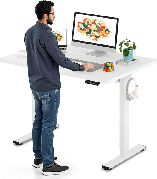 SANODESK Electric Standing Desk 48 x 30 Inches Whole-Piece Desktop Height Adjustable Stand Up Desk w/6-Button Controller Ergonomic Computer Desk for Home Office, White Frame + White Tabletop
