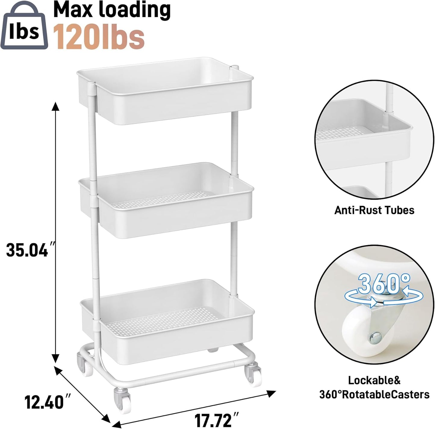 TECBOT 3 Tier Metal Rolling Cart with Wheels, Utility Storage Cart with Handle and Lockable Casters, Storage Basket Organizer Shelves, Easy Assemble for Kitchen, Living Room, Office, Nursery, White