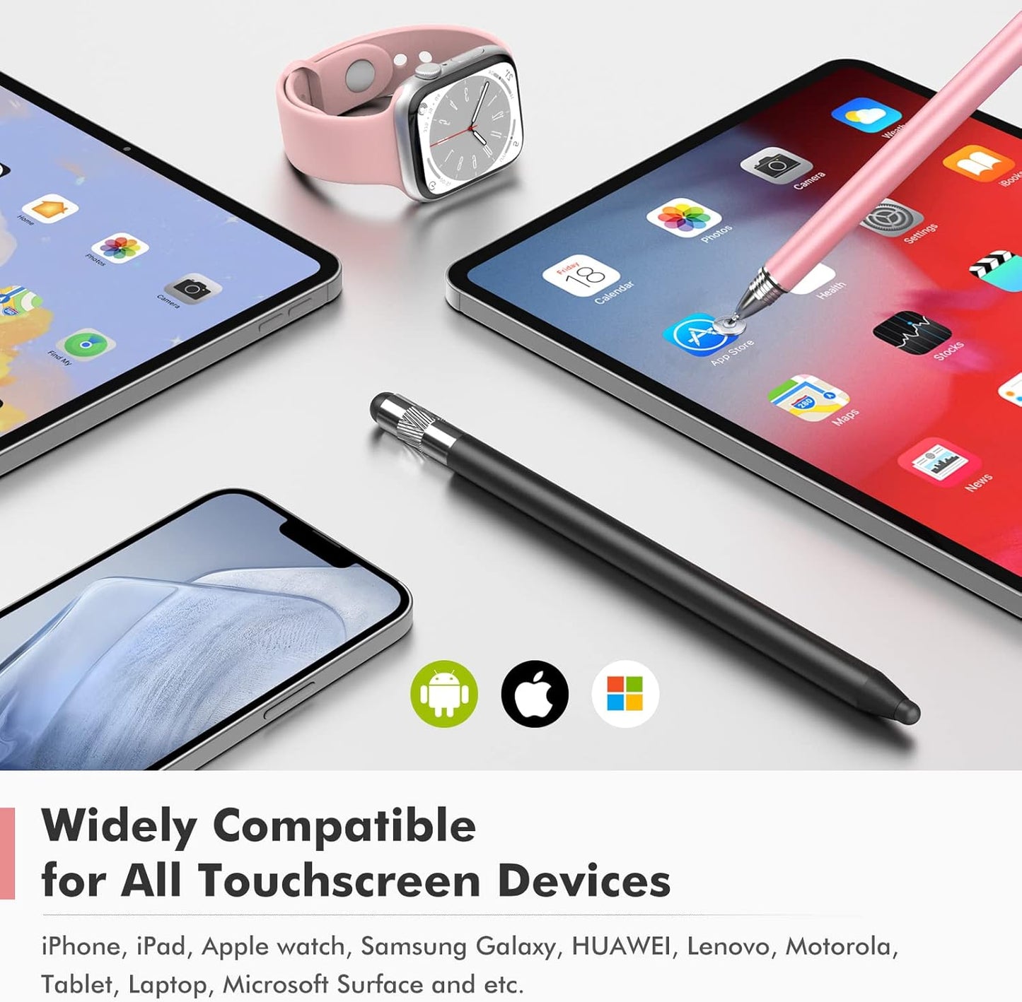 MEKO 3 in 1 Stylus Pens for Touch Screens, High Sensitivity & Precision Capacitive Stylus for Apple iPad iPhone Tablets Samsung Galaxy All Universal Touchscreen Devices (2 Pack-Black/Rose Gold)