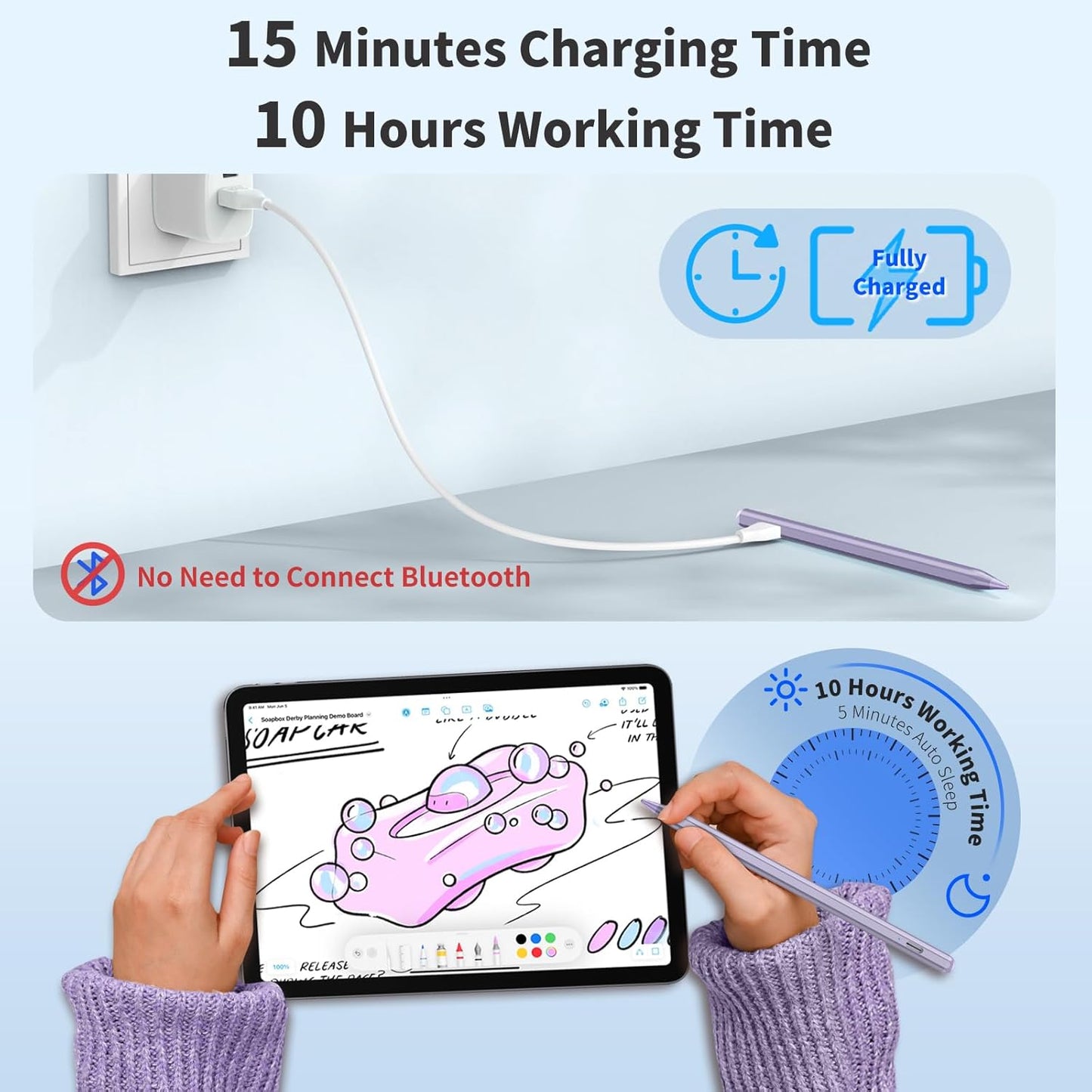 Stylus Pen for iOS&Android Touch Screens, Active Pencil for Samsung, Smart Digital Stylus Pens for Lenovo/Huawei/Vivo/Mi and Other Tablets, iPhone/Google Pixel Smart Phones Drawing&Writing (Purple)