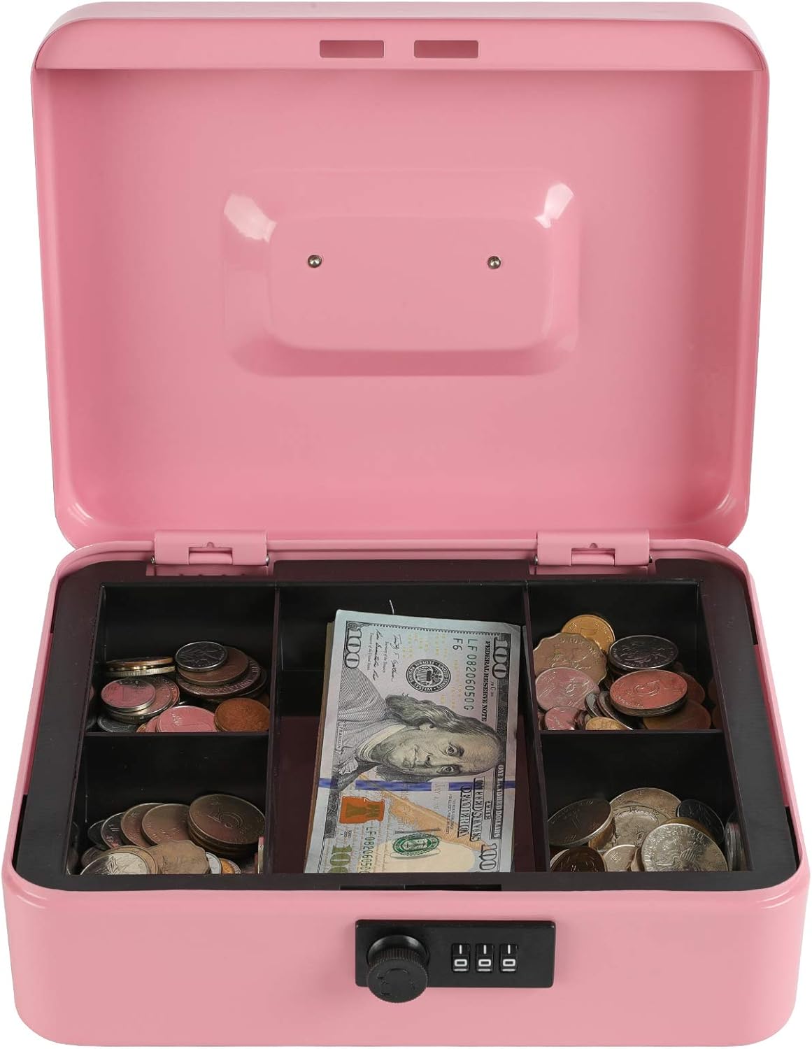 xydled Steel Cash Box Safe with Combination Lock,Money Safe Box with Removable Coin Tray,Large,9.84"x 7.87"x 3.54",Pink