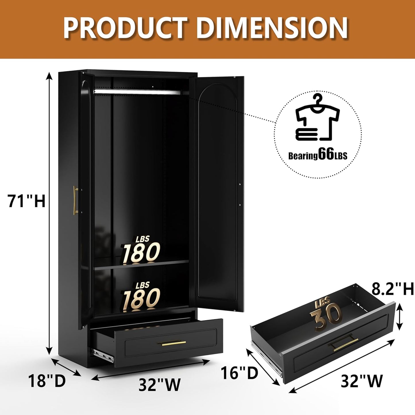 Metal Armoire Wardrobe Closet with Drawer, 71“ Tall Freestanding Wardrobe Cabinet with Doors and Shelves, Large Armoire with Hanging Rod, Clothes Cabinets for Bedroom, Black, Assembly Required