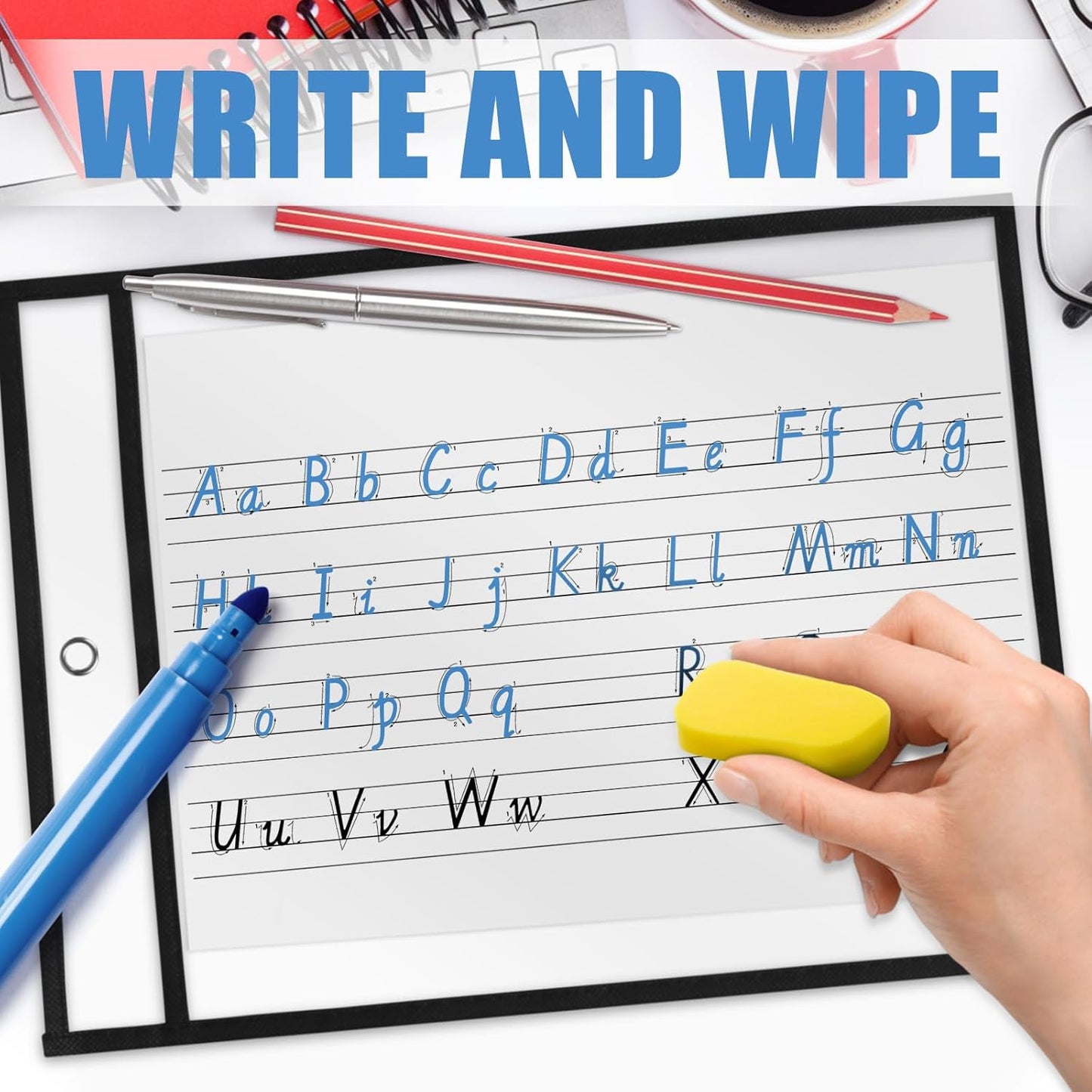 Heavy Duty Dry Erase Pockets 8.5x11, Plastic Paper Sleeves Job Ticket Holder 50 Pack Clear Sheet Protectors 8.5 x 11 Clear Document Sleeves for Shop Office Classroom Home, Black