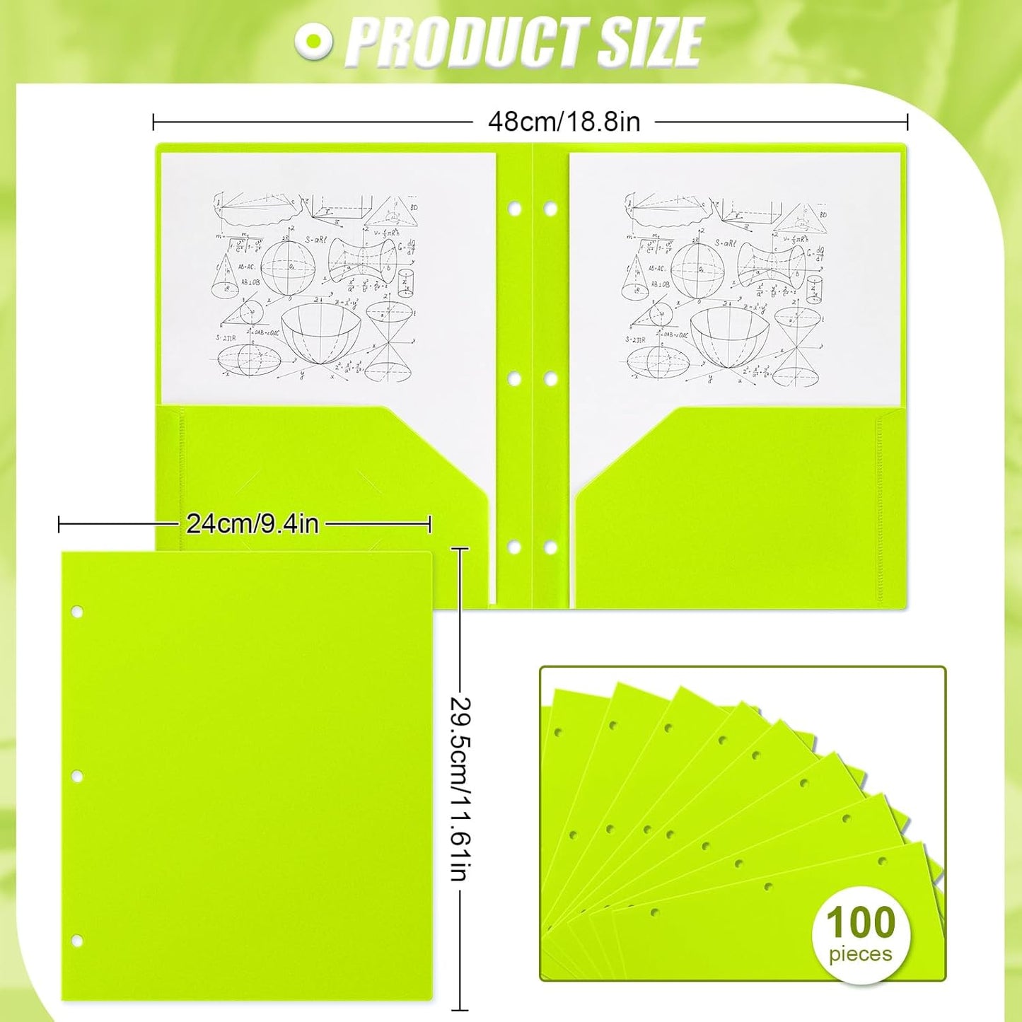 Yeaqee 100 Pcs Plastic Folders with Pockets Bulk 3 Hole Punched 2 Pocket File Folders for 3 Ring Binder Divider Folder for Notebooks, Durable Poly for Office Home (Fluorescent Green)