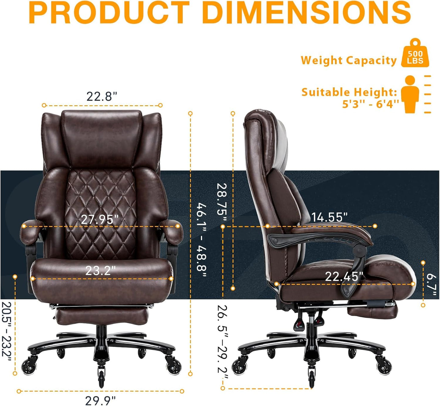 500 LBS Big and Tall Office Chair with Foot Rest High Back Recline Ergonomic Chair for Heavy People, Executive Office Chair Comfortable for Home Office, Large Computer Desk Chair Brown