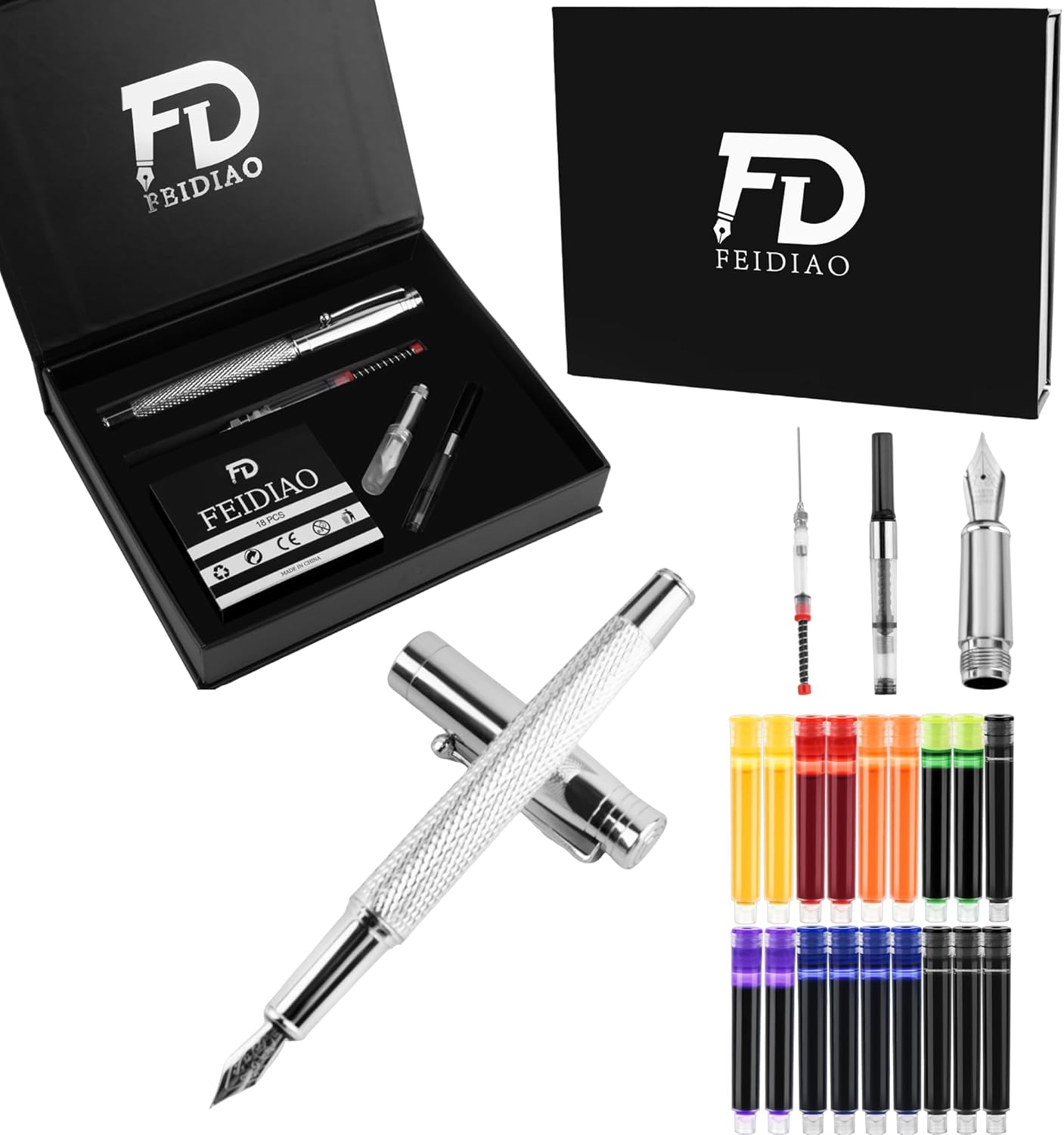 FEIDIAO Calligraphy Fountain Pen Set Deluxe Pen for Writing with 18 Ink Cartridges,Replacement Fine Nib,Ink Converter,Syringe Filler,Calligraphy Pen for Beginner Men Women