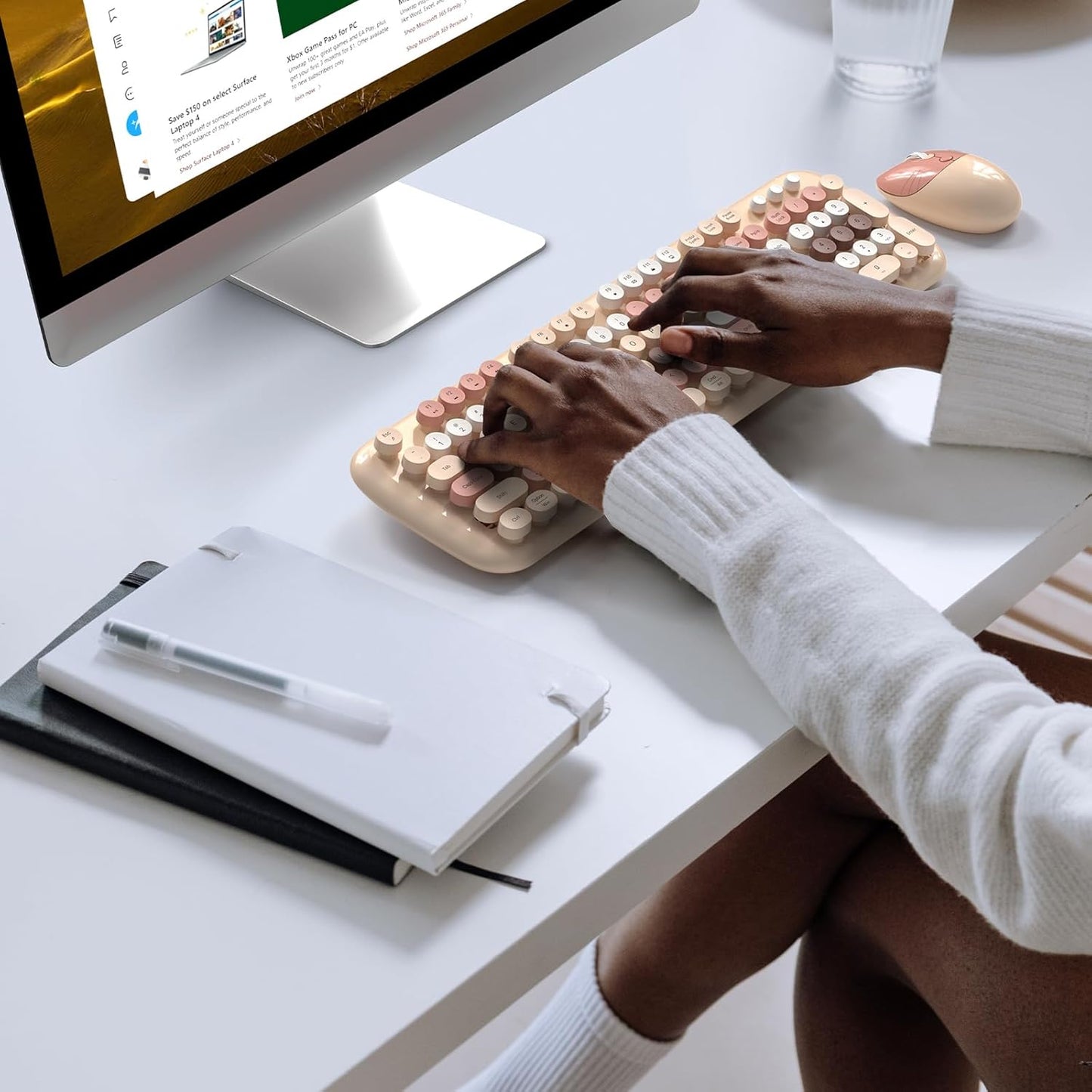 MOFII Wireless Keyboard and Mouse Combo, Full-Sized Colorful Typewriter Keyboard with Round Keycaps, 2.4G Cute Mouse Compatible with PC/Laptop/Computer,Milk Tea Color