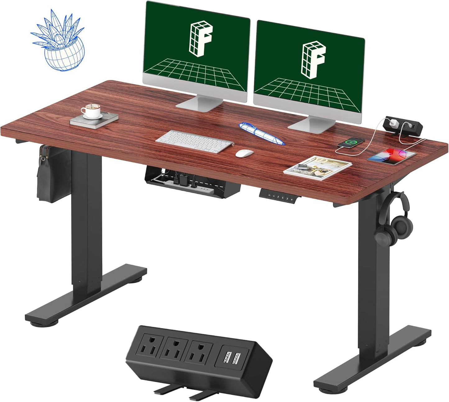 FLEXISPOT EN2 Whole-Piece Standing Desk with Clamp Power Strip, 55 x 28 Electric Stand Up Height Adjustable Desk with Cable Management (Black Frame + 55" Mahogany Top, 2 Packages)