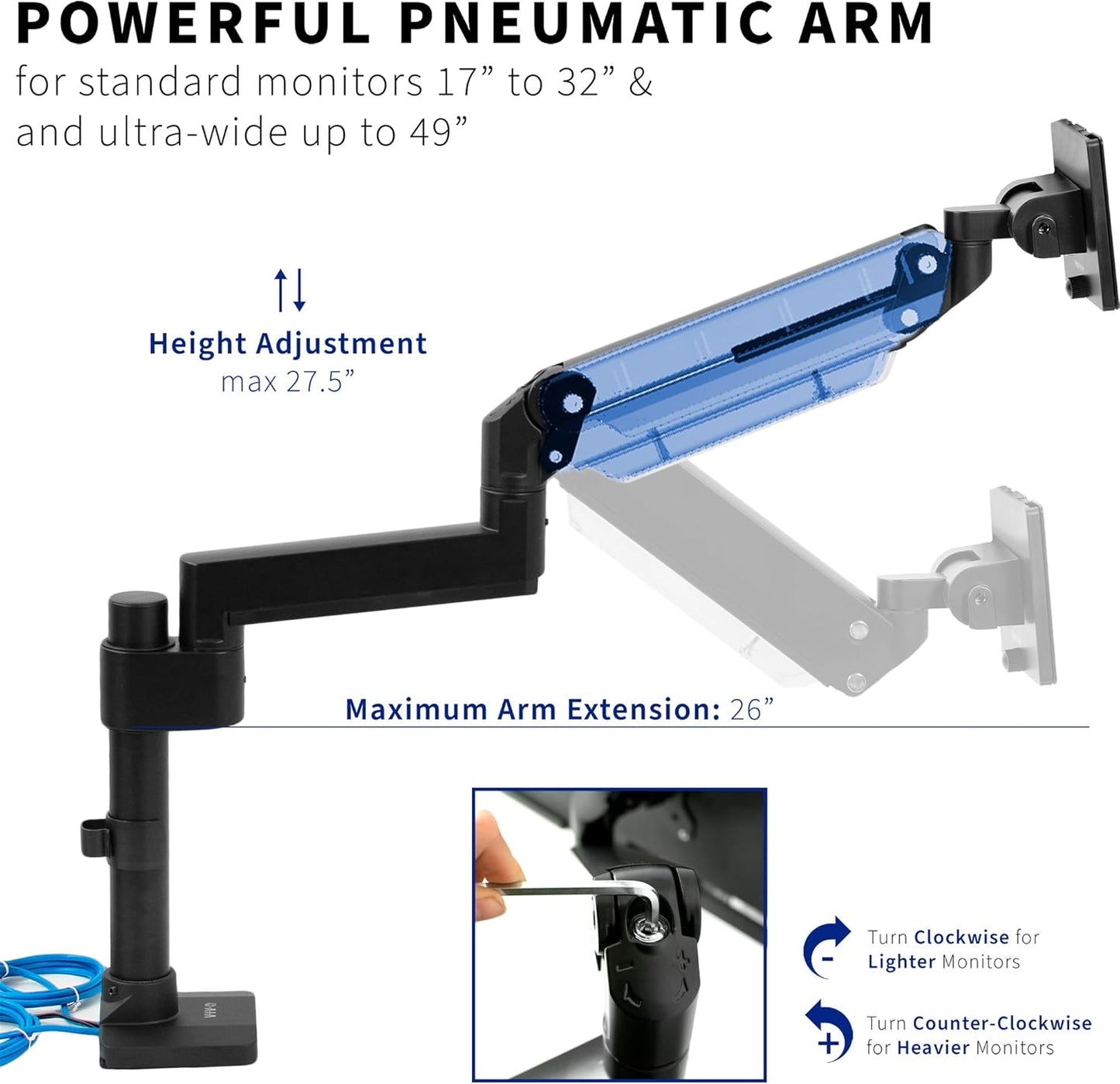 VIVO Premium Aluminum Tall Extended Monitor Arm for Ultrawide Monitors up to 49 inches and 33 lbs, USB Single Desk Mount Stand, Pneumatic Height Adjust, Max VESA 100x100, Black, STAND-V101GTU