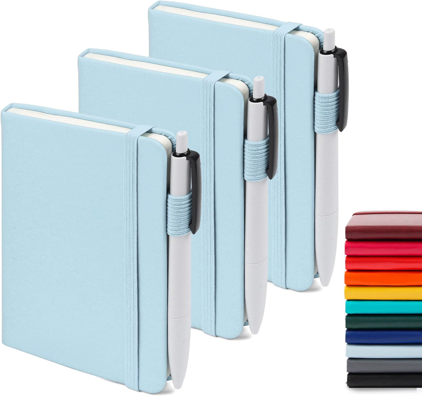 feela 3 Pack Pocket Small Notebook Journals, Mini Cute Memo Notepad Hardcover College Ruled Lined Journals with Pen Holder for Women Girls Office School, with 3 Black Pens, 3.5”x 5.5”, A6, Light Blue