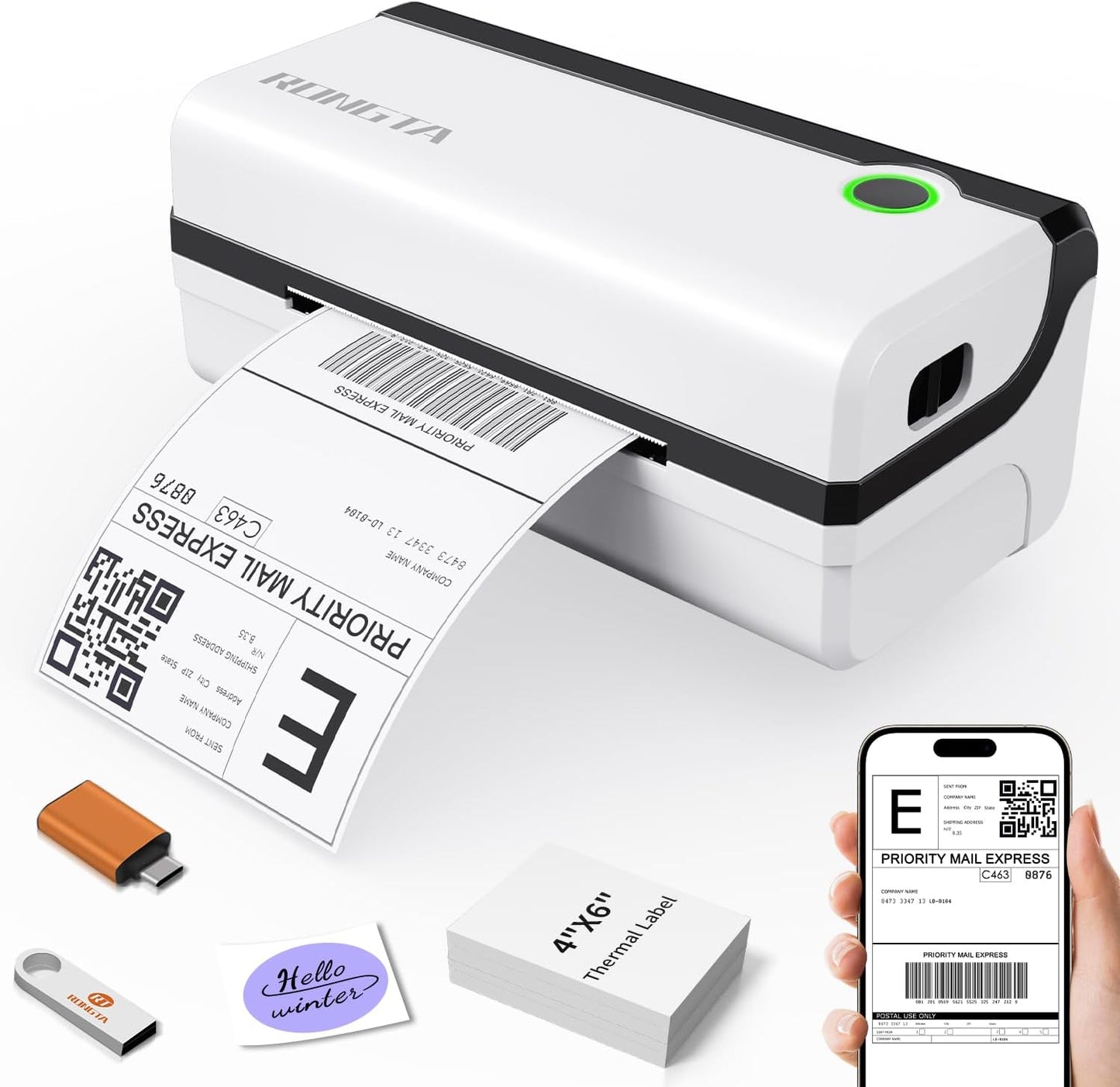 Rongta Bluetooth Thermal Shipping Label Printer, Wireless 4x6 Shipping Label Printer for Packages, Support Android&iPhone and Windows, Widely Used for Amazon, Ebay, Shopify, Etsy, USPS