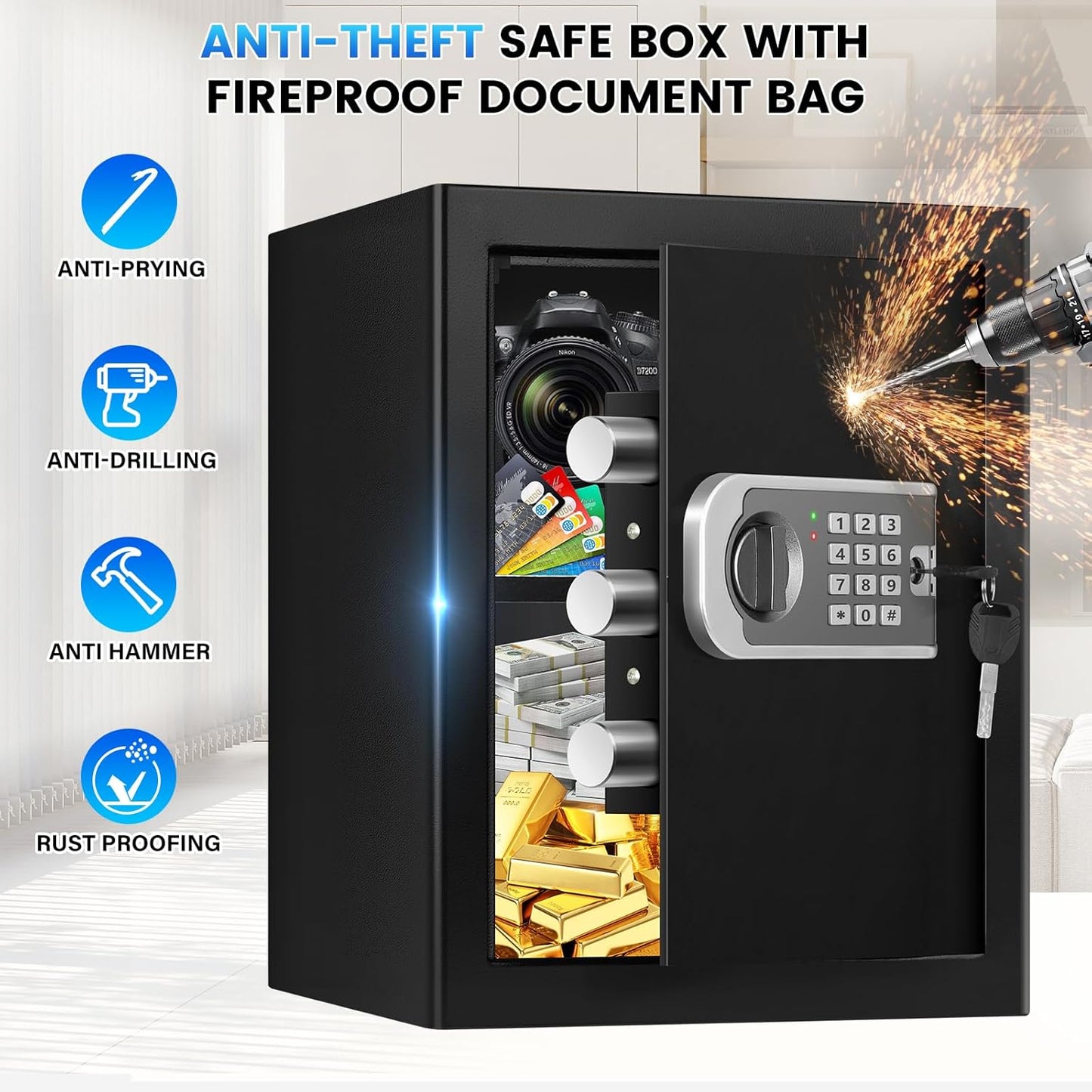 1.8 Cuft Safes for Home, Fireproof Safe Box, Home Safes Fireproof Waterproof with Electronic Keypad, Spare Key, Smart Alert, Security Fire Proof Safe for home documents Money Medicine