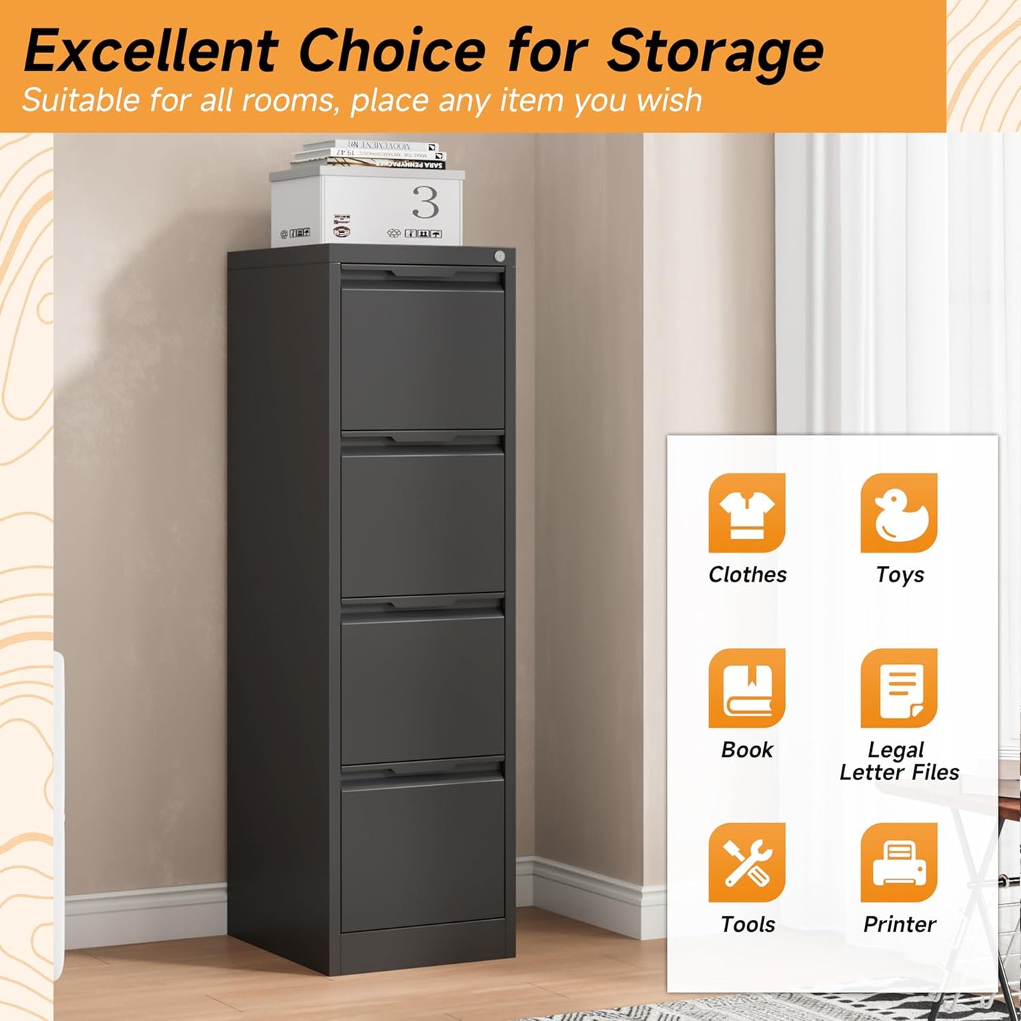 4 Drawer File Cabinet, 17.8" D Metal Filing Cabinets with Lock, Vertical Filing Cabinet for Home Office, Steel File for Letter/Legal/A4/F4 Size, Easy Assemble (Black)