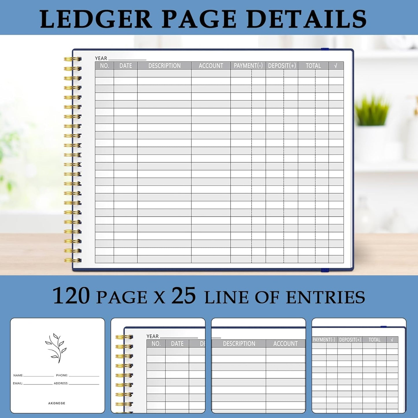 Accounting Ledger Book for Small Business & Personal Use, Horizontal Expense Tracker Notebook Ledger Book for Bookkeeping, Financial Income and Expense Log Book 10.2" x 8", Dark Blue