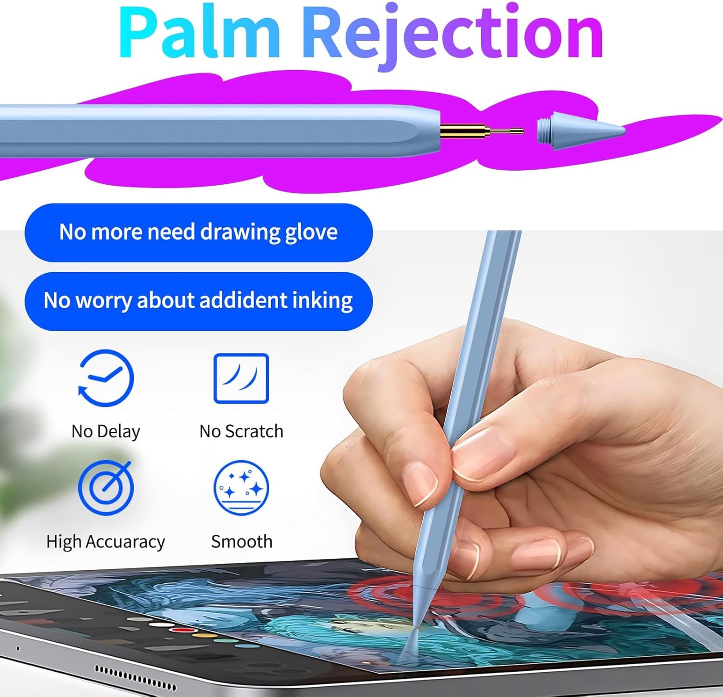 Stylus Pen for iPad, Fast Charging Pencil for Tablet with Palm Rejection, Tilt Sensitivity for iPad 6-10, Pro 11"/12.9"/M4, Air 3/4/5/M2, Mini 5/6, Blue