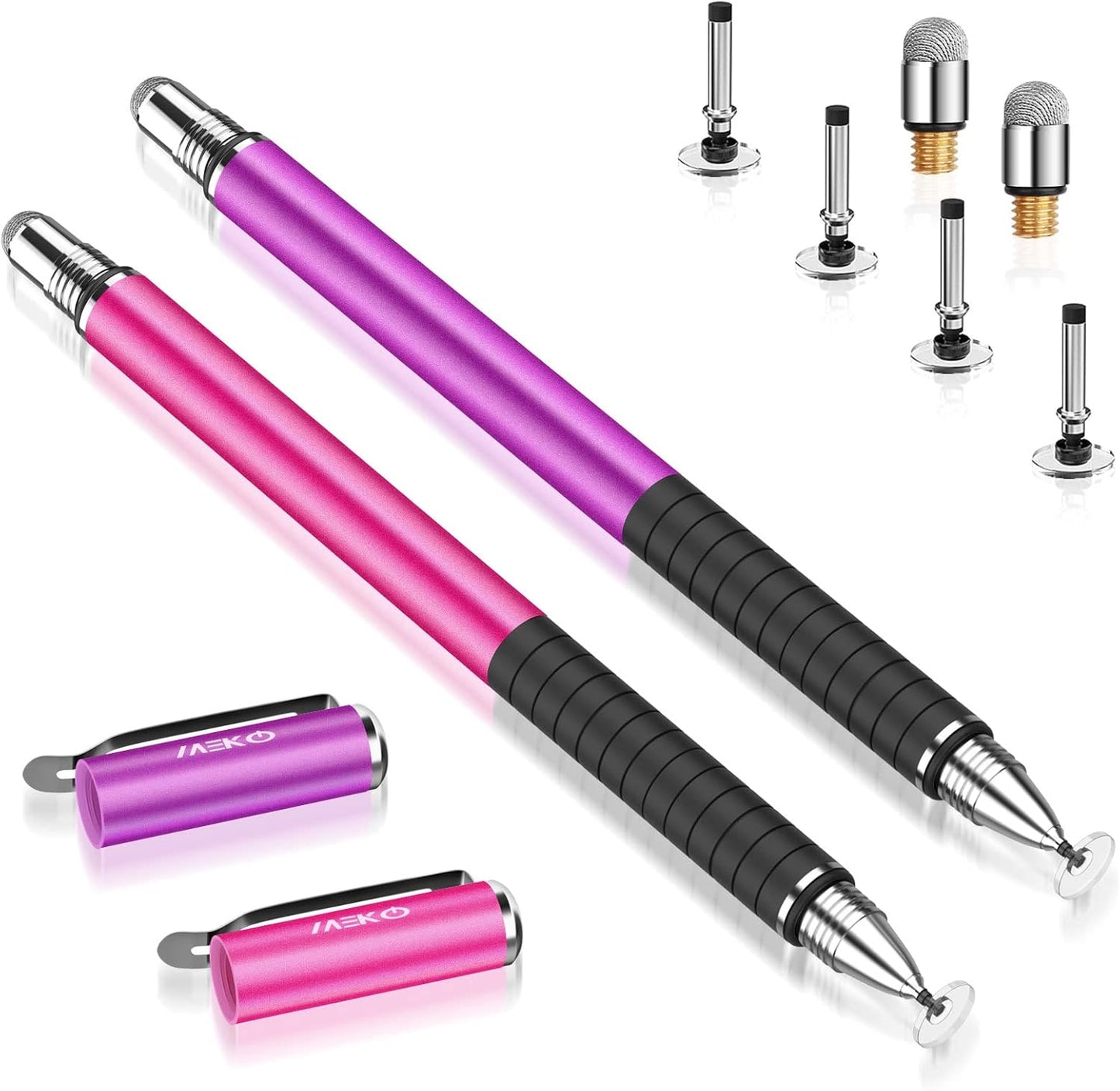 MEKO Stylus Pens for Touch Screens, 2 in 1 Universal Disc Stylus Pens for iPhone, iPad and All Capacitive Cell Phones, Tablets, Laptops Bundle with 6 Replacement Tips - (2 Pcs, Pink/Purple)