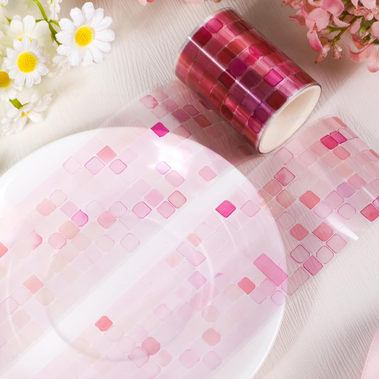 PET Tape for Journal Scrapbooking - Pink Mosaic Junk Journal PET Tape Scrapbook Supplies, Scrapbook Notebook Bottle Crafts Decor