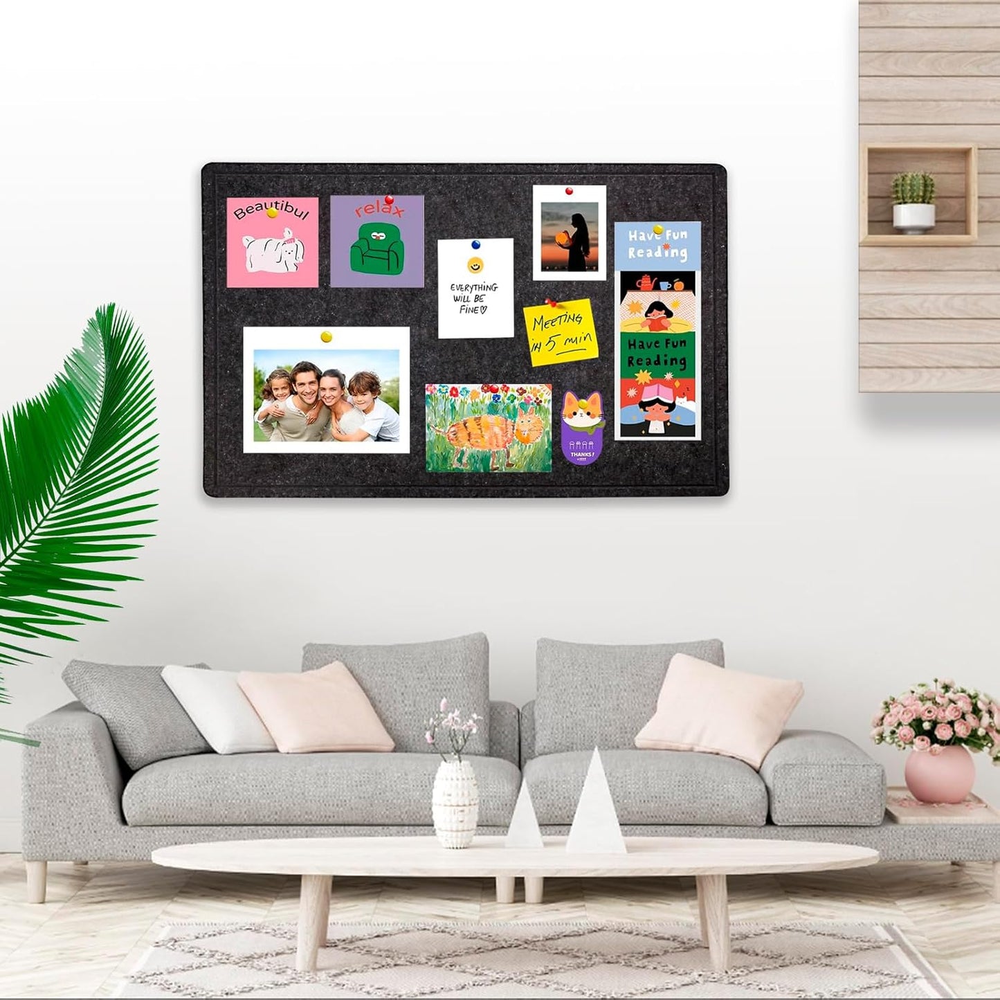 Bulletin Board - 23.5 x 17.5 inches Decorative Felt Pin Board - Cork Board Alternative for Wall - Foldable Photo Board Self-Adhesive Prayer Board with 20 Pushpins - Dark Gray