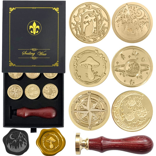 Wax Seal Stamp Gift Box Set, 6 Pcs Sealing Wax Stamps Copper Seals 1 Wooden Hilt, Wax Stamp Kit for Cards Envelopes, Gift Packaging (Vast Universe Series)