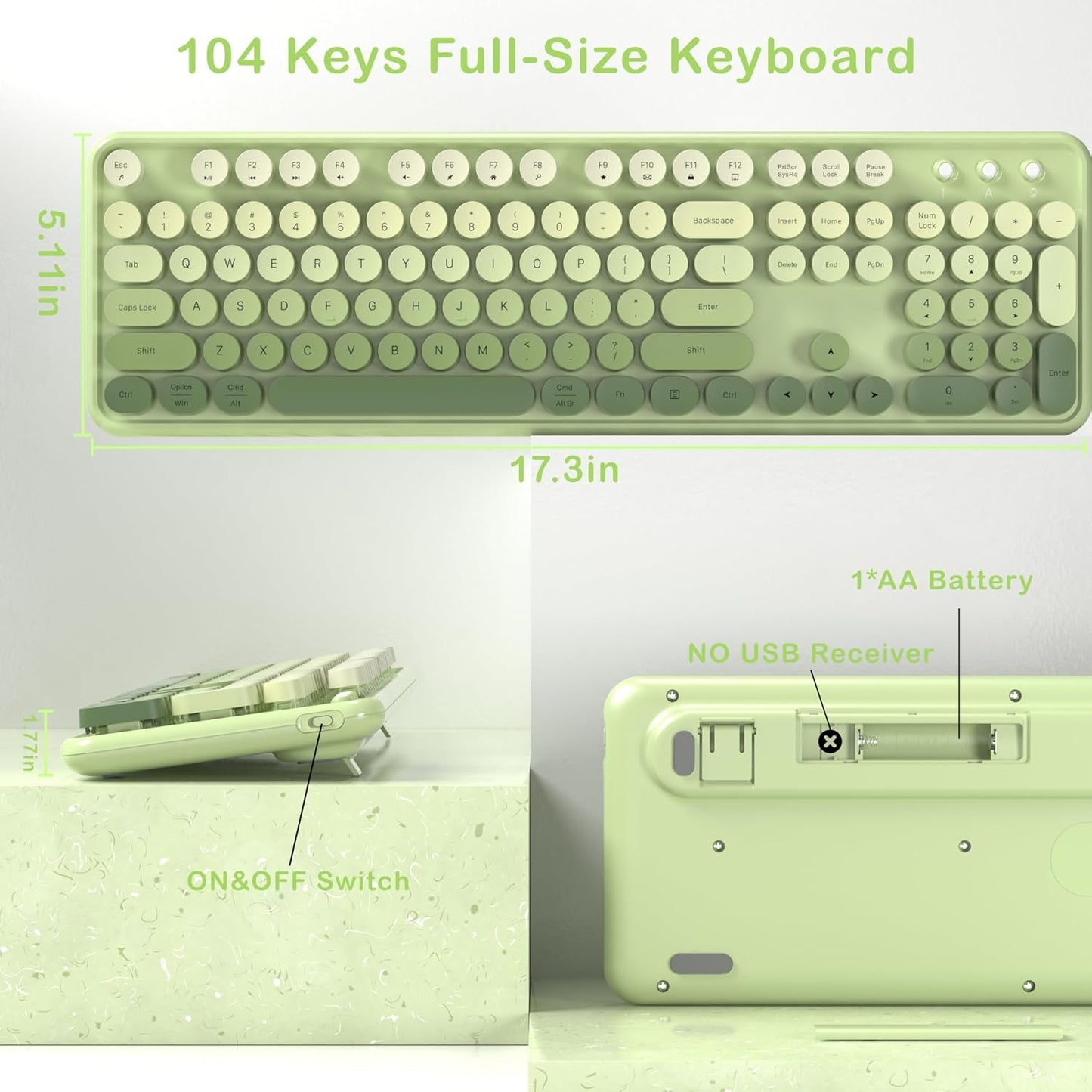 Colorful Wireless Keyboard and Mouse Combo, COVEVA 2.4GHz Wireless Retro Cute Round Keycaps Keyboard, 104 Keys Full-Sized Keyboard Mouse Set with Switch Button for PC Laptop Desktop (Green Gradient)