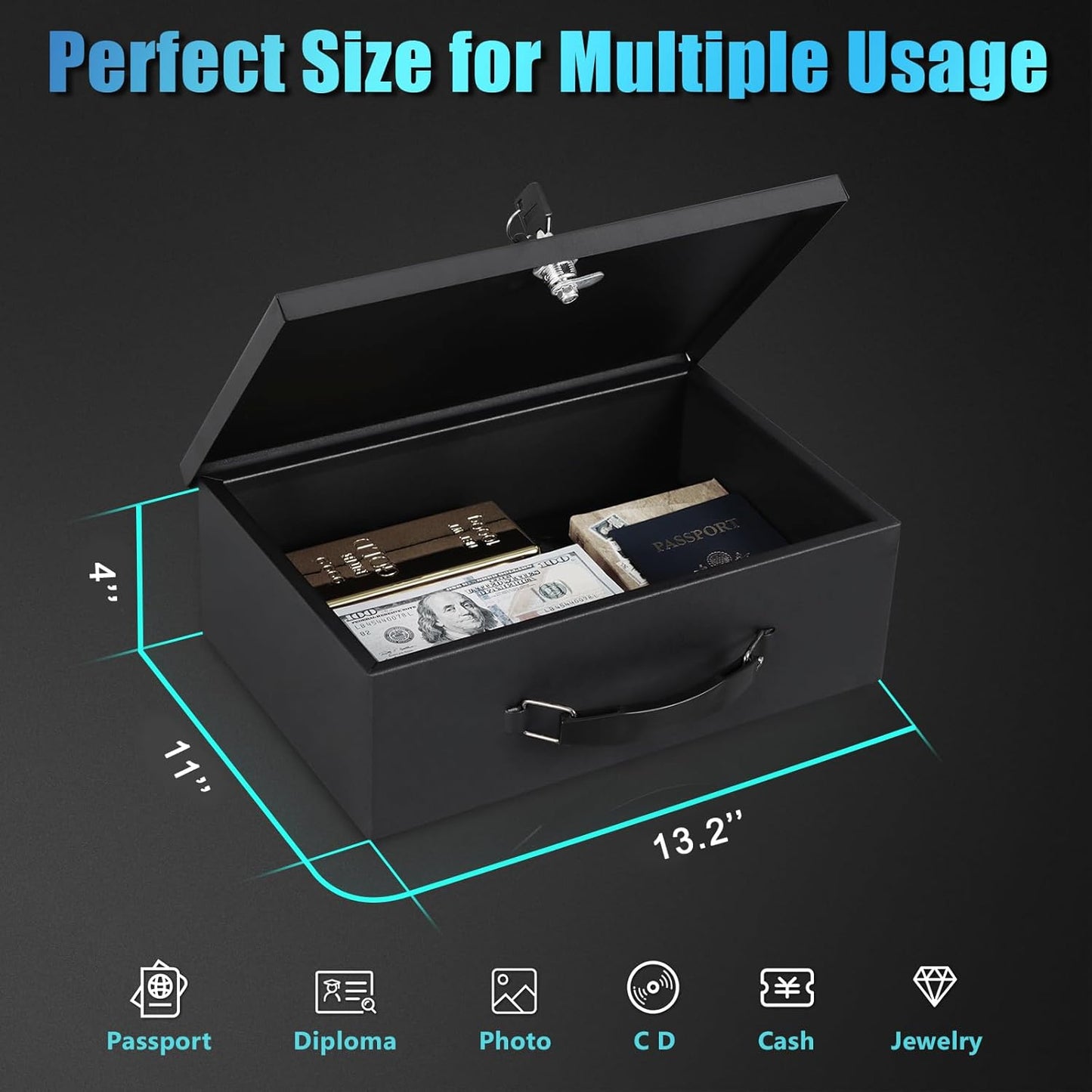 xydled Fire Resistant Safe Fire Safe Box with Key Lock for Home Office Security Storage for Valuables Documents,13.2 x 11 x 4 Inch,Black