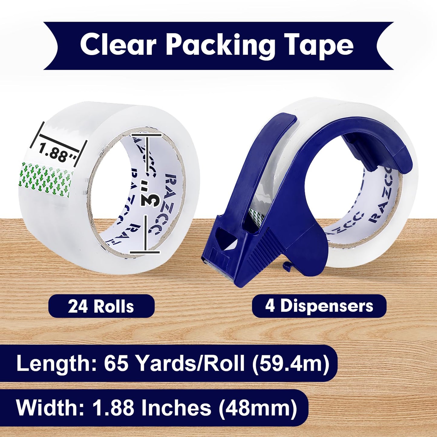 Packing Tape, 24 Rolls Clear Heavy Duty Packaging Tape with Dispensers for Packing Shipping Moving Mailing, Thicker Sealing Tape -1.88" x 65 Yards Per Roll, 1560 Total Yards