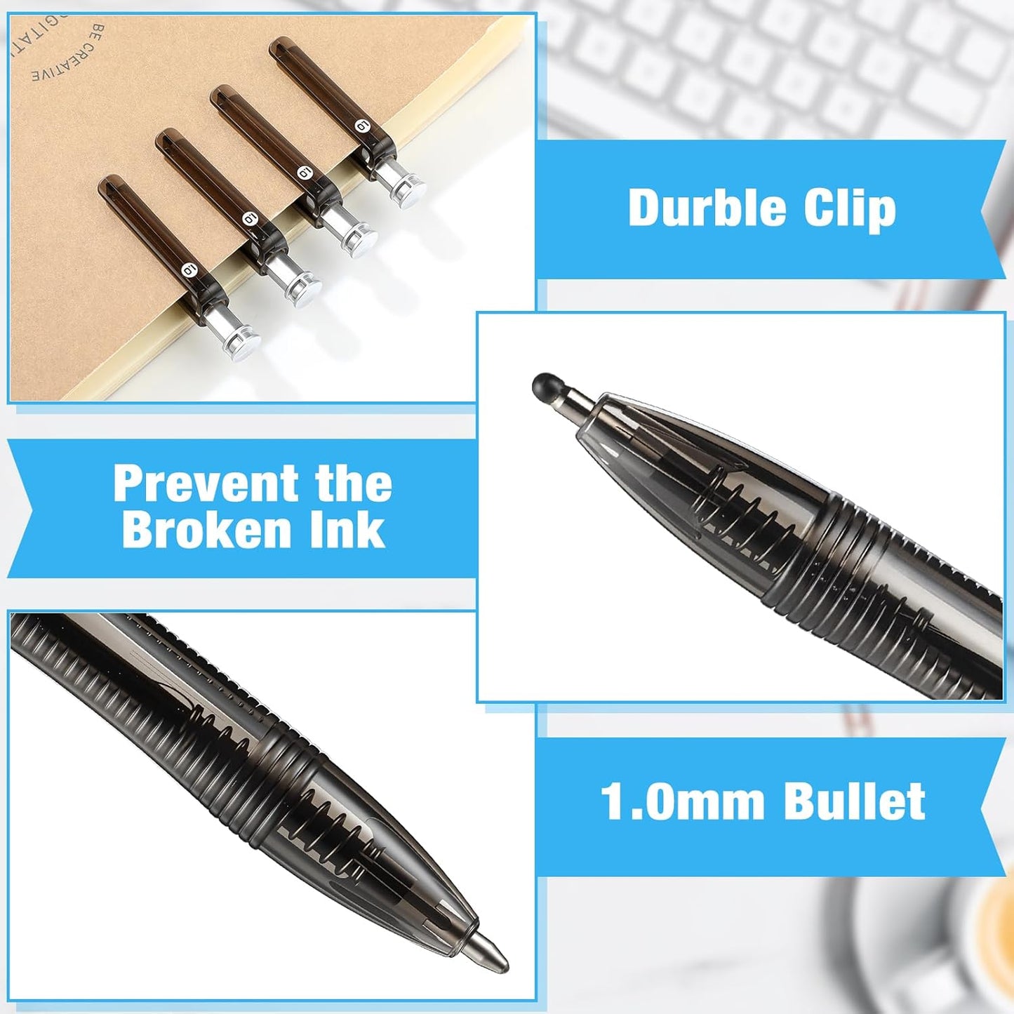 150 Pack Black Ballpoint Pens Bulk 1.0mm Ink Medium Point Retractable Rollerball Pens Smooth Writing Quick Dry No Smudge for Office, School, Journaling Medium Tip Ball Pen Set