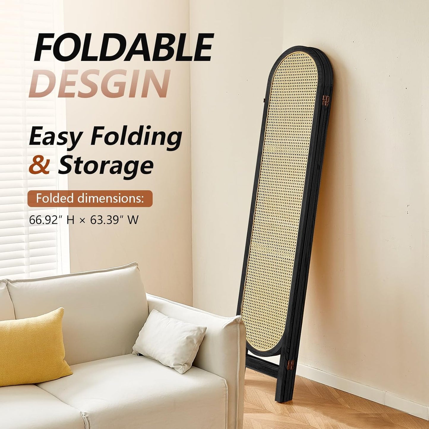 4 Panel Room Divider, Hand-Woven Rattan Room Divider Screen, Folding Privacy Screens with Double Hinges, Wooden Freestanding Wall Divider for Room Separation Bedroom Home Office - Black