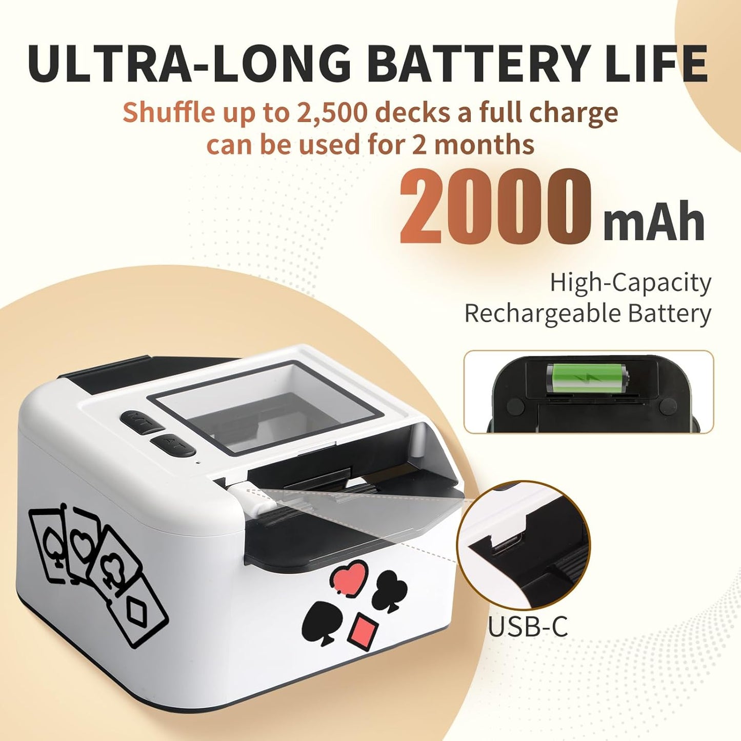 Rechargeable Automatic Card Shuffler 2 Decks, 2000 mAh Built in Battery USB-C Charge, Low Noise Fast Shuffler, Smart Auto Shuffler for UNO Poker Skip-Bo Canasta Texas Hold'em Skyjo