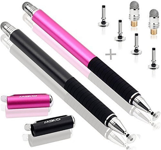 MEKO(2 Pcs)[2 in 1 Precision Series] Disc Stylus/Styli for All Touch Screen Devices Bundle with 4 Replaceable Disc Tips, 2 Replaceable Fiber Tips - (Black/Pink)