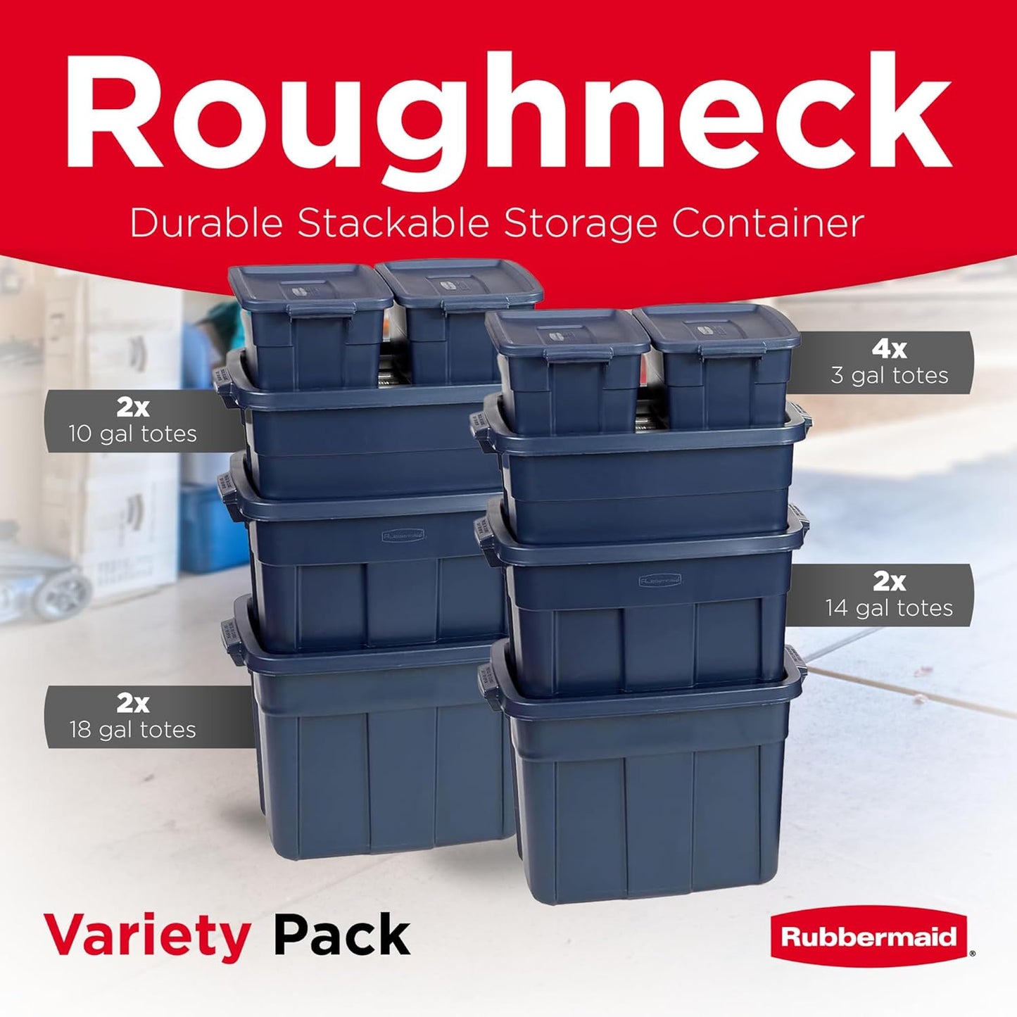 Rubbermaid Roughneck Tote Variety - |Made in the USA| Dark Indigo Metallic, Rugged Plastic Stackable Storage Tote with Lid and Handles (Pack of 10)