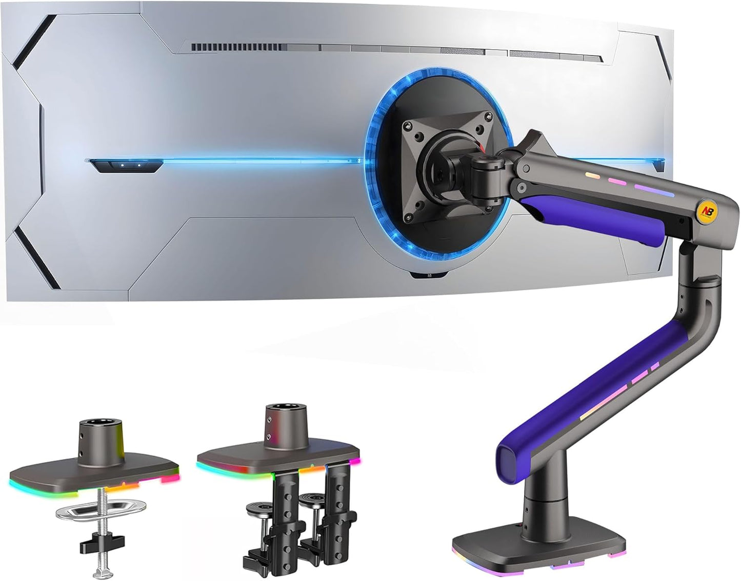 NB Gaming Monitor Arm or for 32 to 60 Inches Screen, Load up to 20 kg, VESA 75/100, RGB-Light, Heavy Duty, Multi Angle Adjustable, Premium Aluminum, Purple Blue