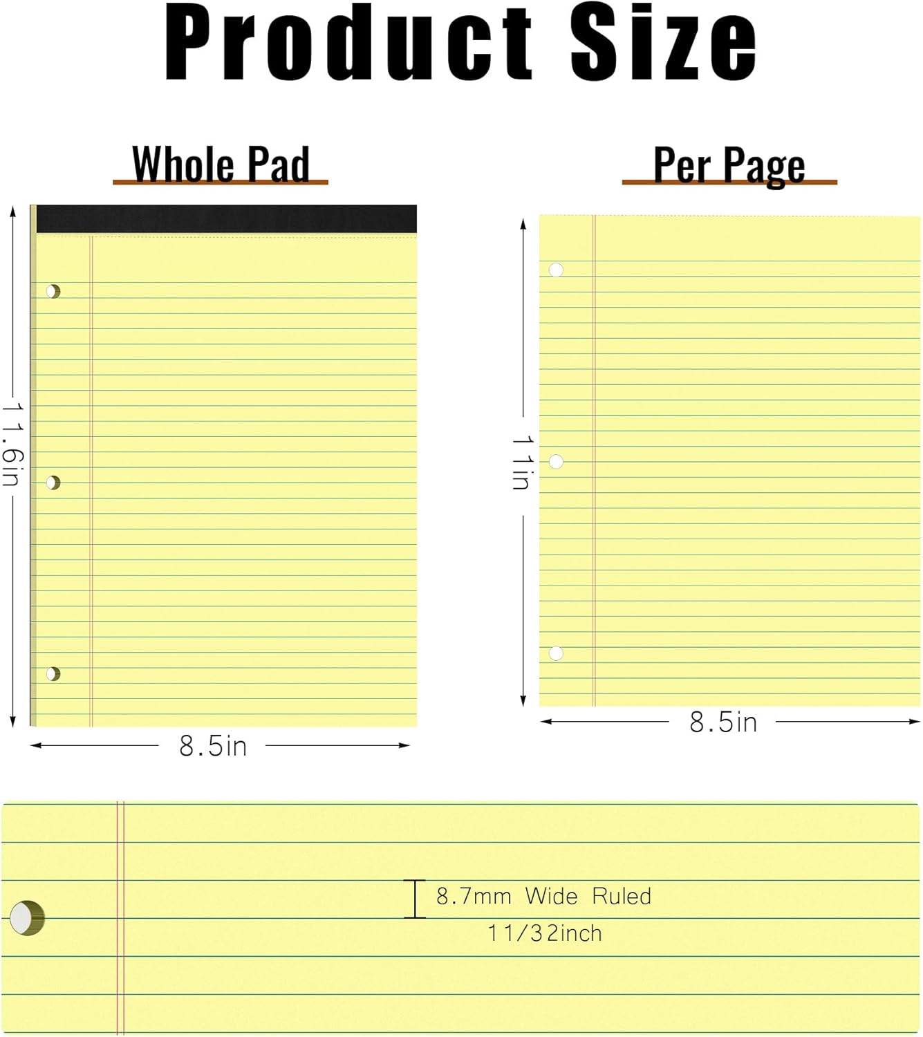 HAUTOCO 8.5 x 11 Legal Pads 2 Pack Yellow Wide Ruled Lined Writing Note Pads Perforated Notepad, 30 Sheets Per Notepad, 3-Hole Punched Paper for School, Office