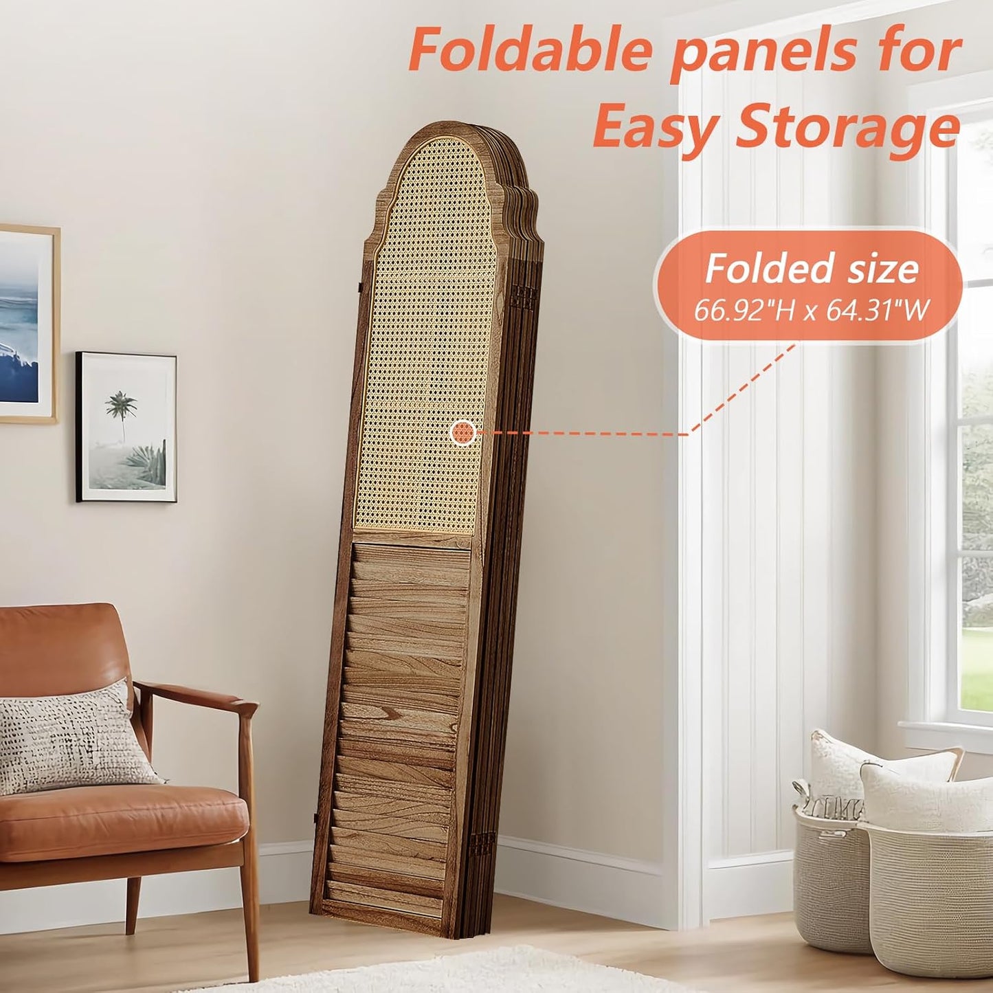 4 Panel Rattan Folding Screen Room Divider, Privacy Dividers for Rooms, Louvered Partition Dividers, Room Divider Panel for Bedroom, Dressing Room, Balcony, Dark Brown