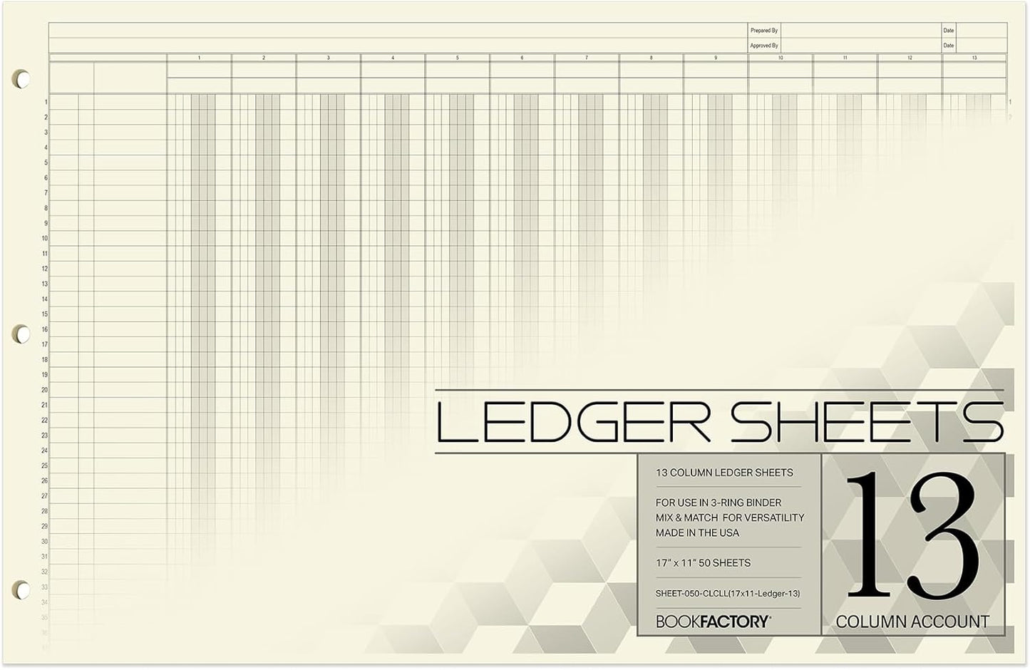 BookFactory Ledger Sheets/Large 13 Column Accounting Ledger Columnar (Thirteen Columns) Loose Leaf Paper - 17'' x 11'', 50 Pages, Loose Leaf, 3 Hole Punched (SHEET-050-CLCLL(17x11-Ledger-13)-AX)