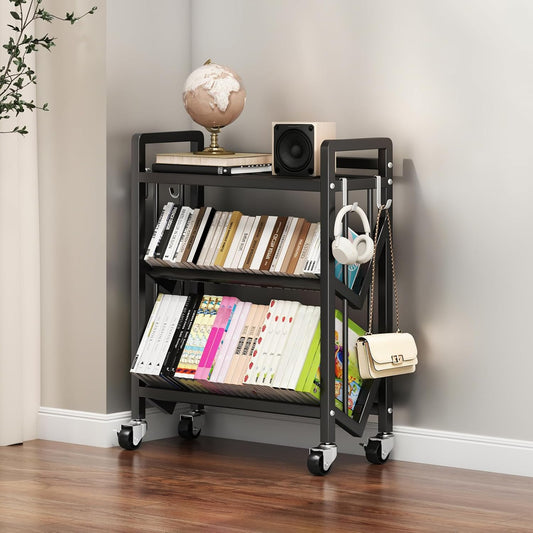 Bookshelf Movable Book Cart Multi-Layer Storage Rack Large-Capacity Rolling Cart L-Shaped Carbon Steel Shelf Suitable for Storing Books, Magazines, Newspapers, Shoes