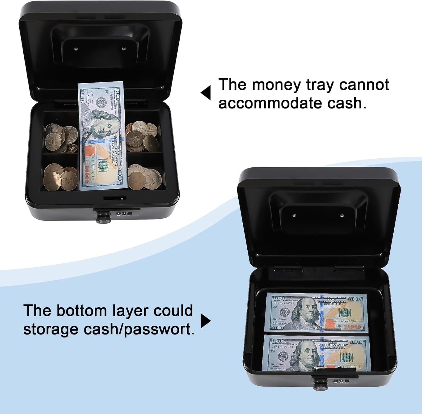 KYODOLED Cash Box with Combination Lock Safe Metal Money Box with Money Tray for Security Lock Box 7.87"x 6.30"x 3.35" Black