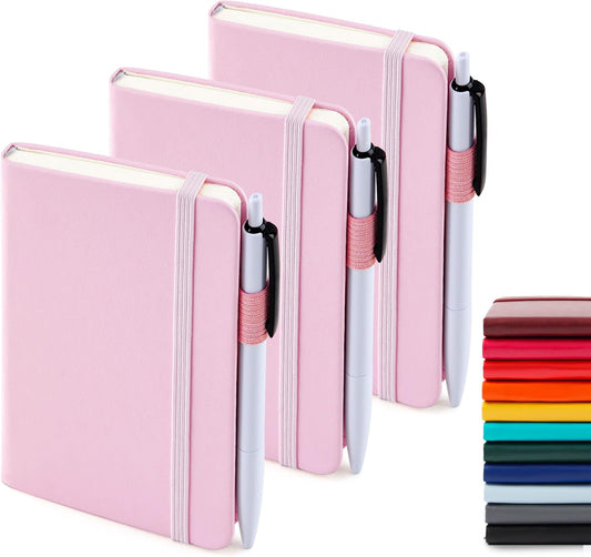 feela 3 Pack Pocket Small Notebook Journals, Mini Cute Memo Notepad Hardcover College Ruled Lined Journals with Pen Holder for Women Girls Office School, with 3 Black Pens, 3.5”x 5.5”, A6, Rose Pink