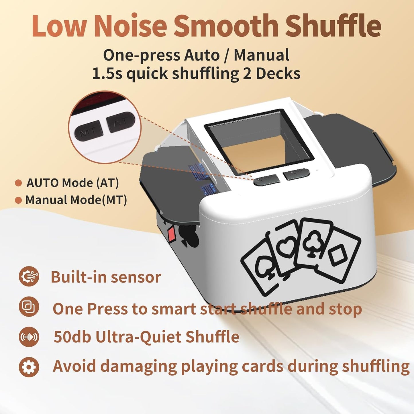 Rechargeable Automatic Card Shuffler 2 Decks, 2000 mAh Built in Battery USB-C Charge, Low Noise Fast Shuffler, Smart Auto Shuffler for UNO Poker Skip-Bo Canasta Texas Hold'em Skyjo