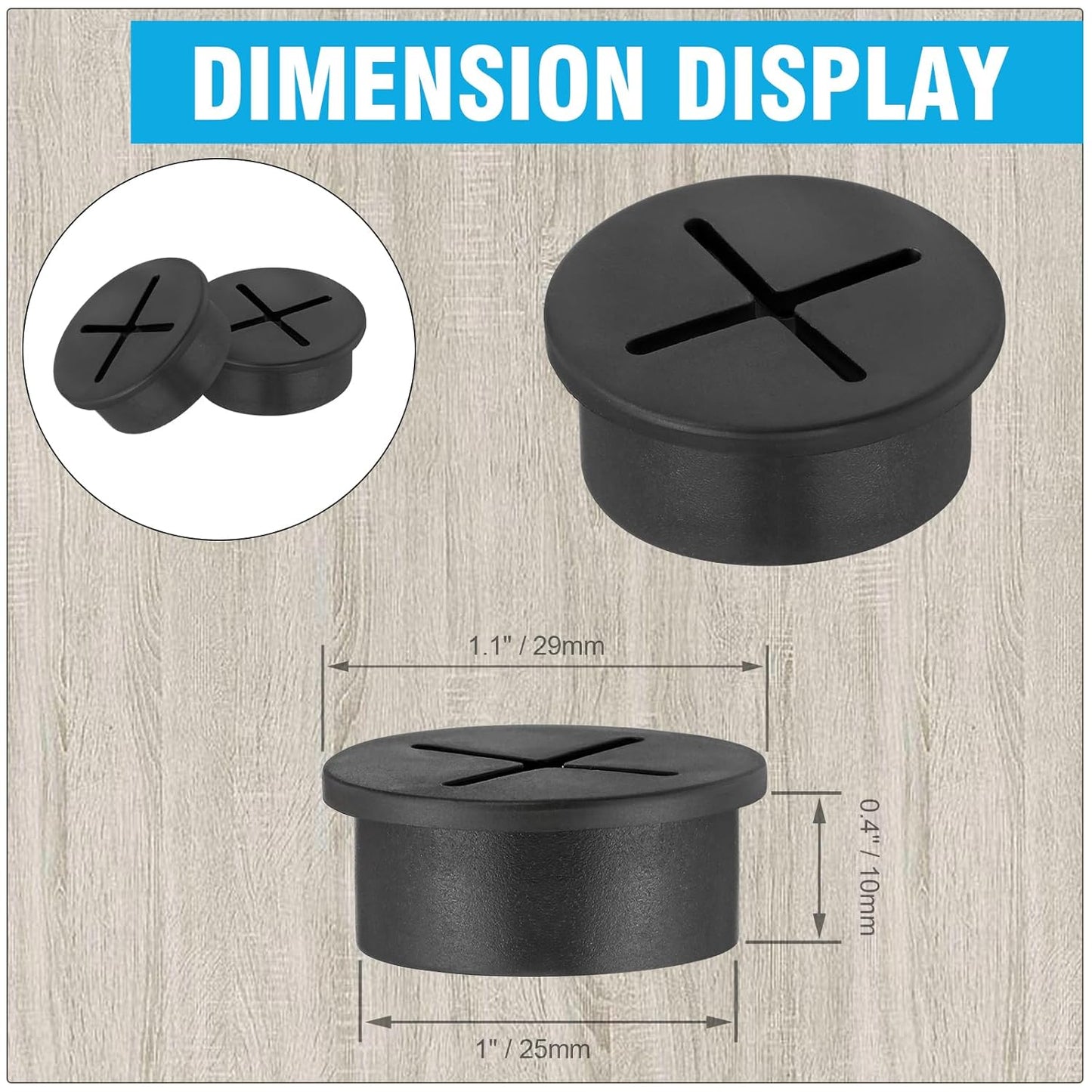 1" Black Desk Grommet, JTemgle Flexible Cable Grommet Cross Rubber Cable Hole Cover Wire Organizer Caps Desktop Cord Management for Home Office TV Stands Tabletops, 20 Pieces